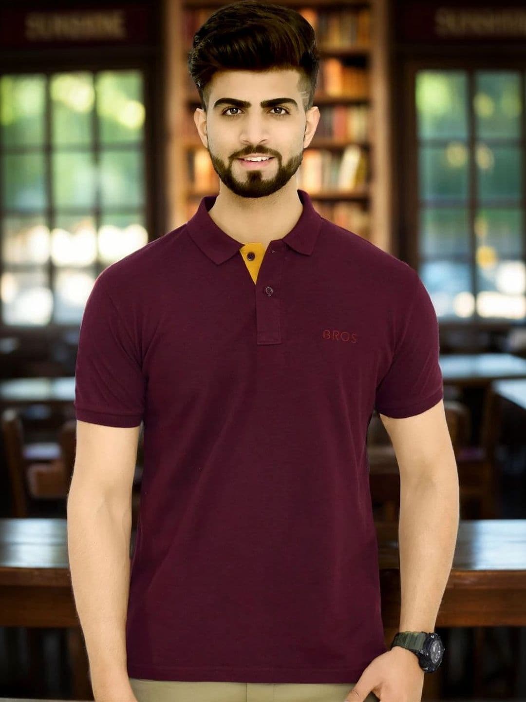 3BROS Men Maroon Polo Collar T-shirt - view 1