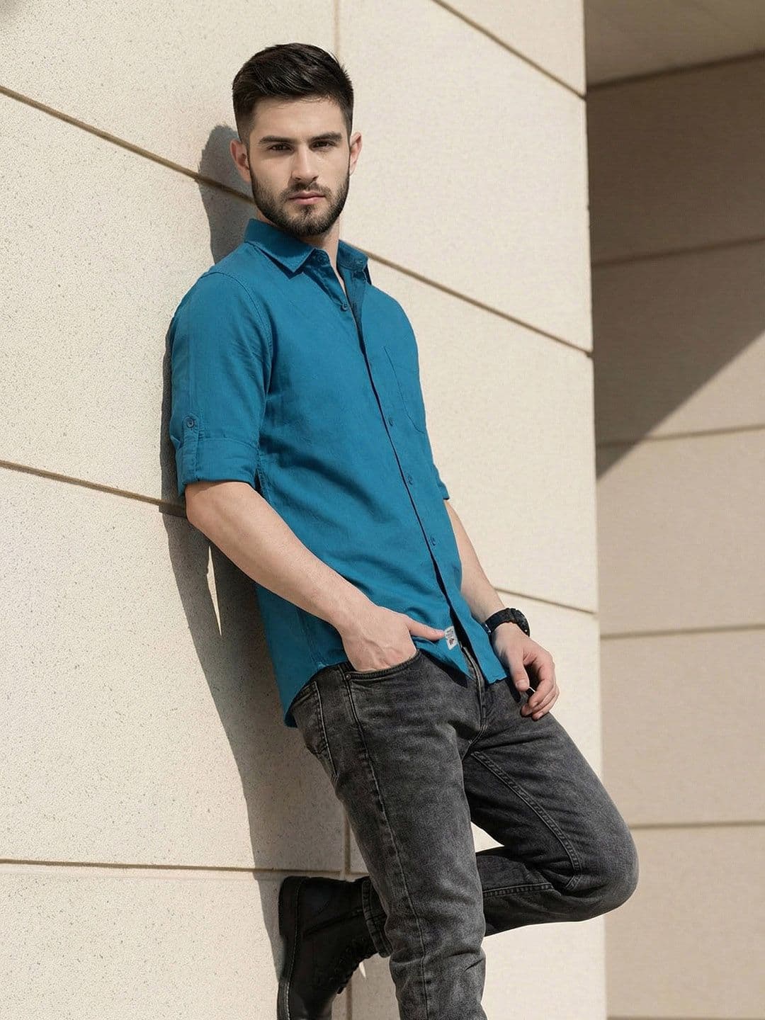 Roadster Men Teal Blue Solid Casual Cotton Shirt - view 1