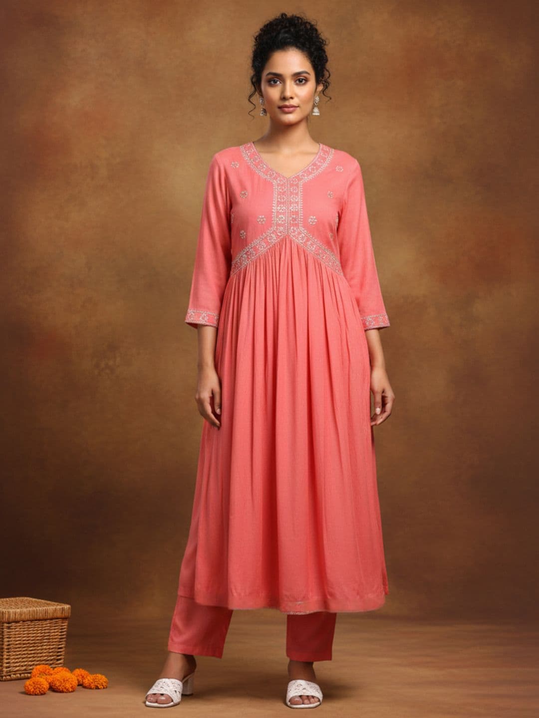 Aspriya Women Embroidered V-Neck Pleated Kurta - view 1