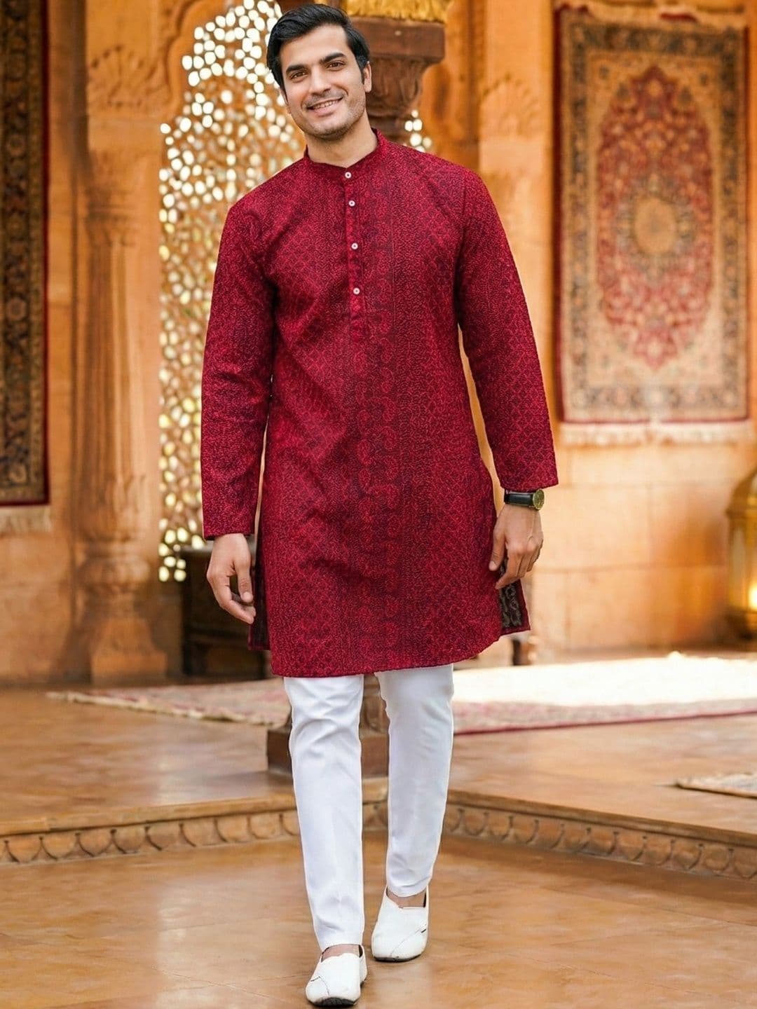 RANGRAAG Men Ethnic Motifs Georgette Chikankari Kurta - view 1