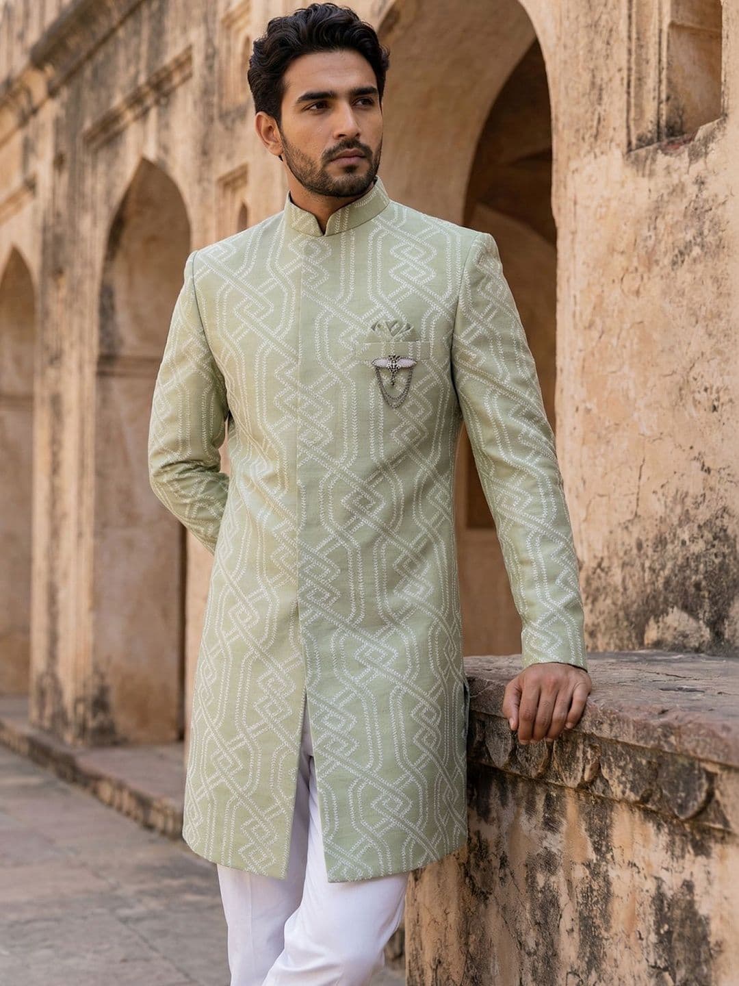Jompers Printed Mandarin Collar Sherwani - view 1