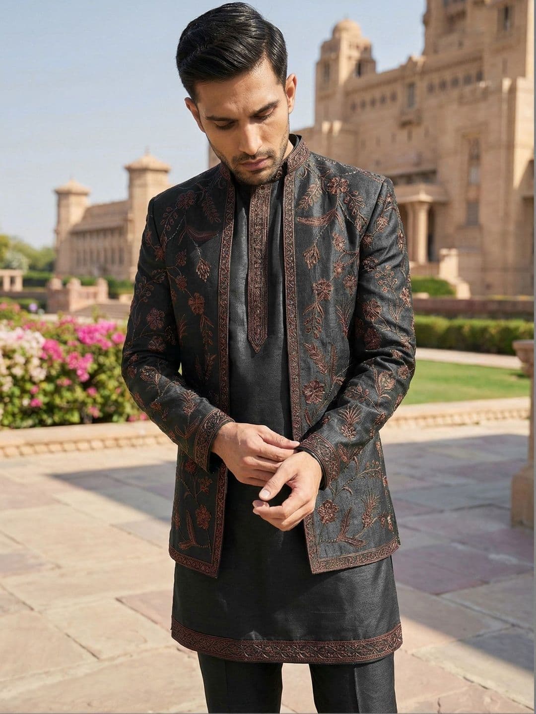 Jompers Embroidered Mandarin Collar Sherwani - view 1