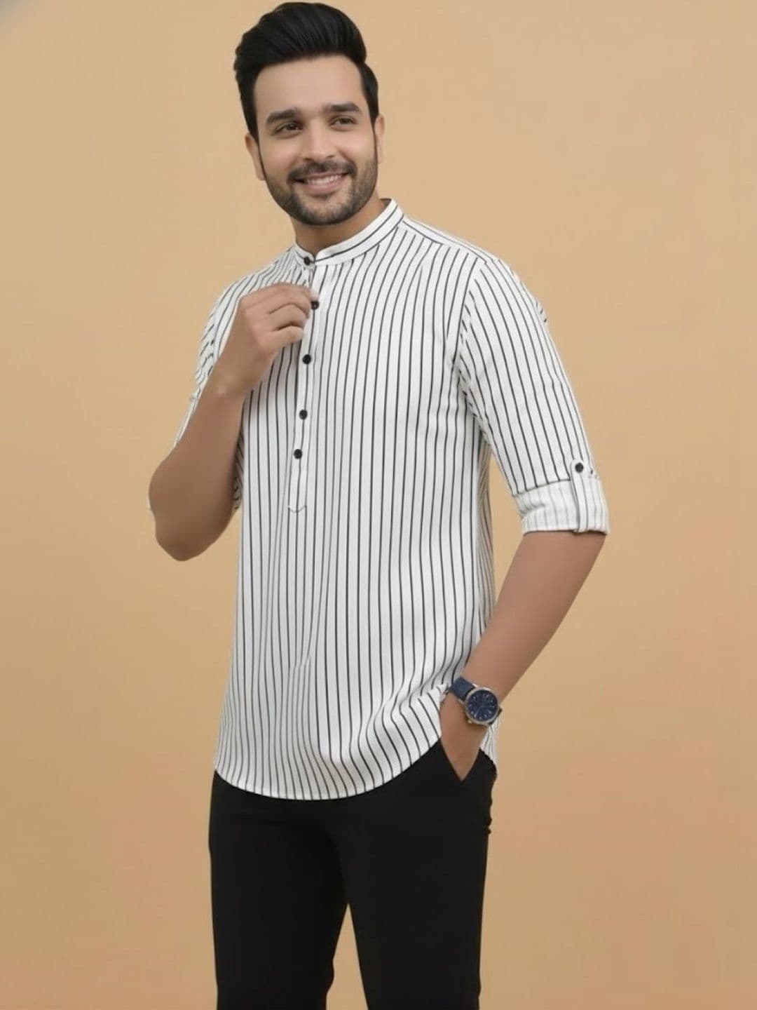 Anouk Rustic Men Striped Flared Sleeves Pathani Kurta - view 1