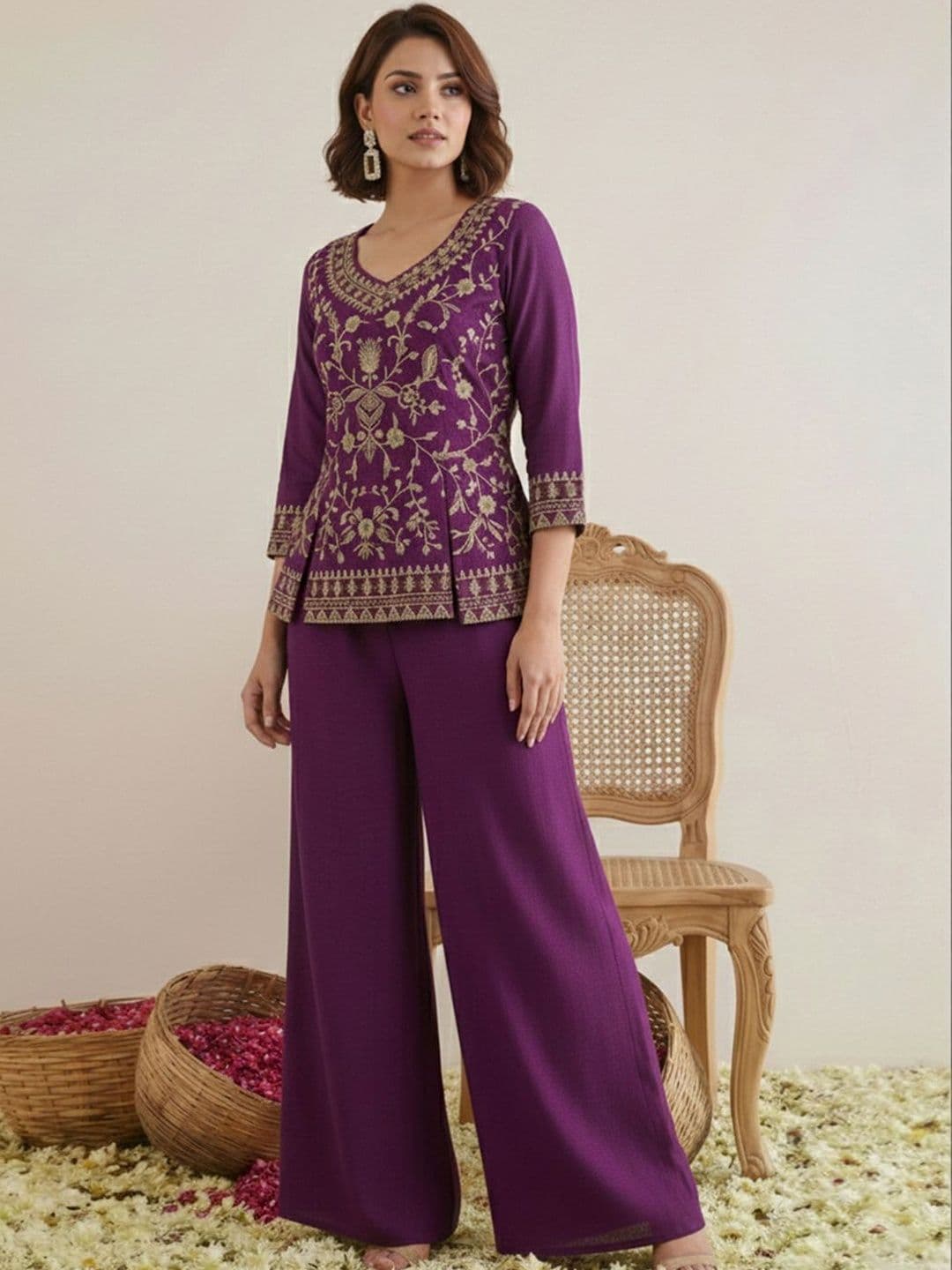 Sangria Indie Florals Embroidered Tunic with Palazzos - view 1