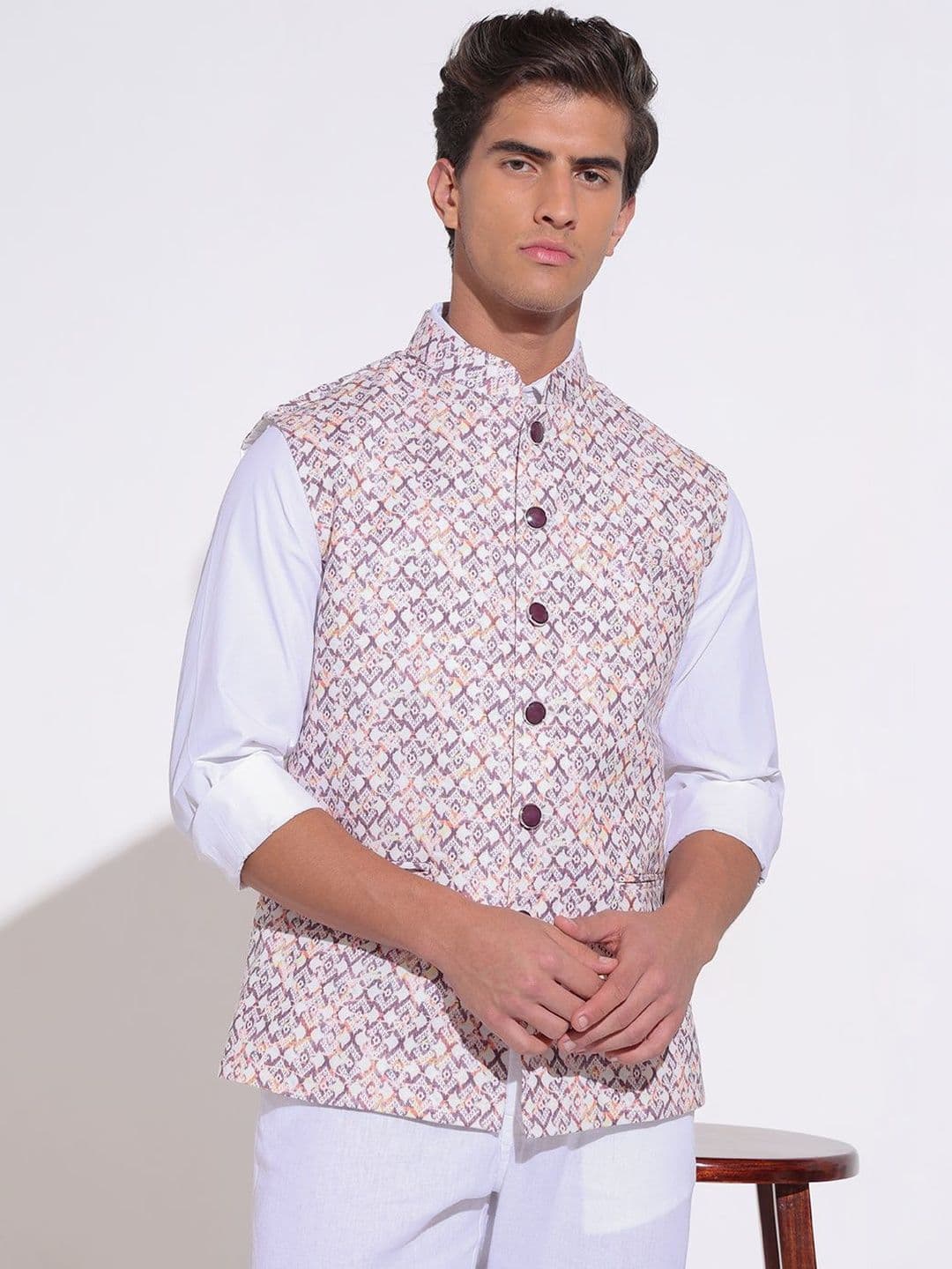 SHOWOFFFF Printed Mandarin Collar Sleeveless Nehru Jacket - view 1