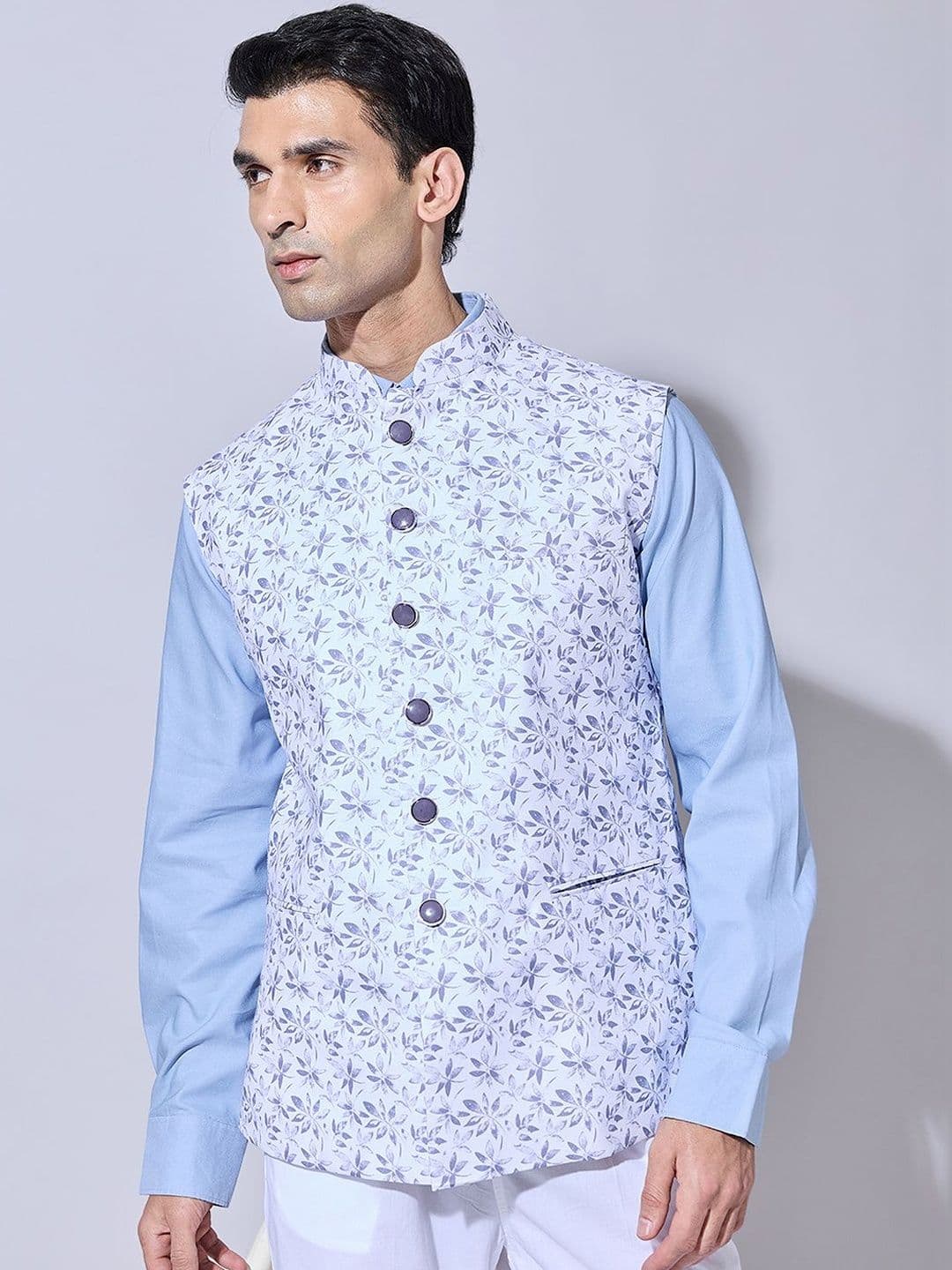 SHOWOFFFF Printed Mandarin Collar Sleeveless Nehru Jacket - view 1