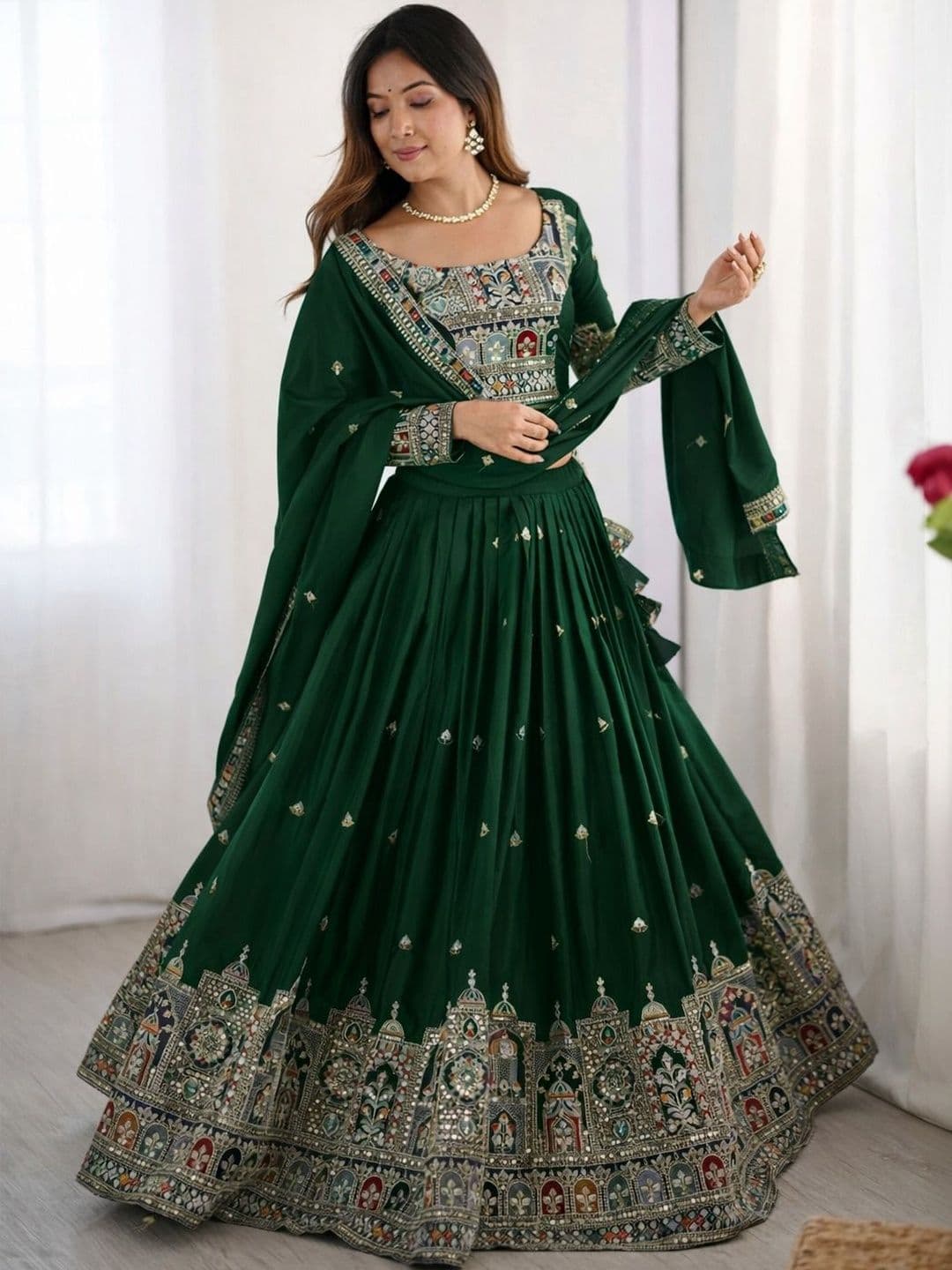KRYSAL Embroidered Mirror Work Semi-Stitched Lehenga & Blouse With Dupatta - view 1