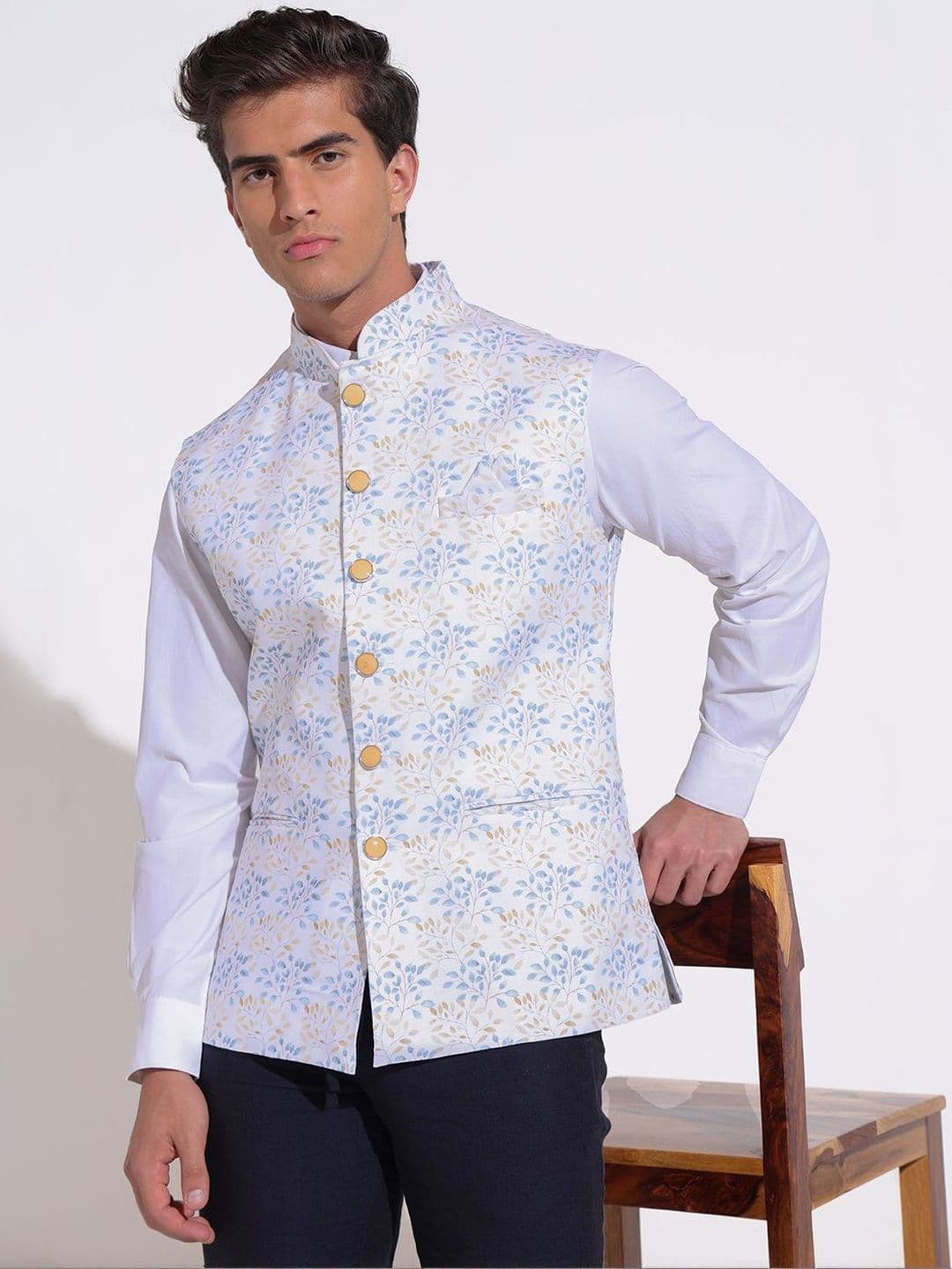 SHOWOFFFF Printed Mandarin Collar Sleeveless Nehru Jacket - view 1