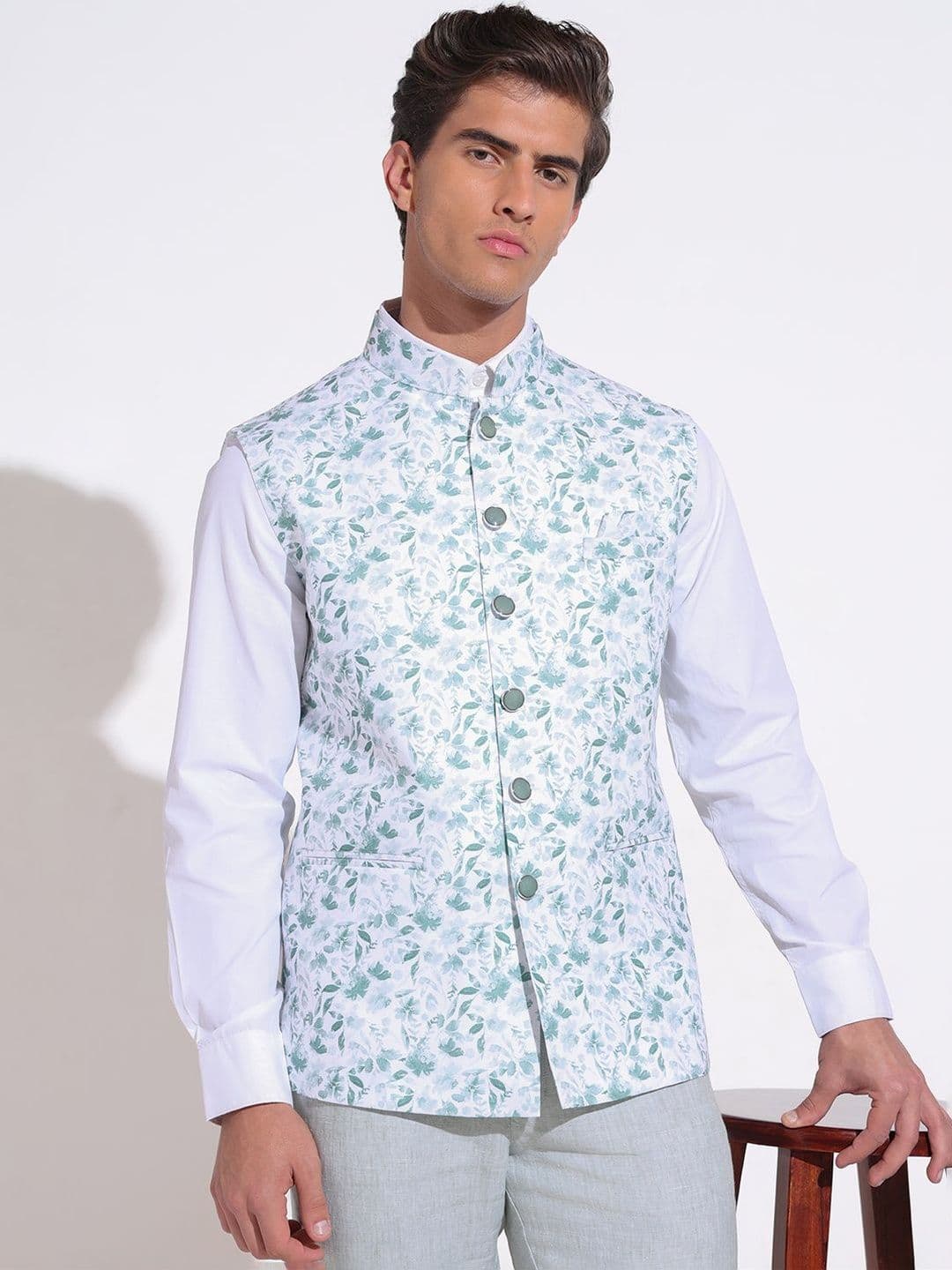 SHOWOFFFF Printed Mandarin Collar Sleeveless Nehru Jacket - view 1