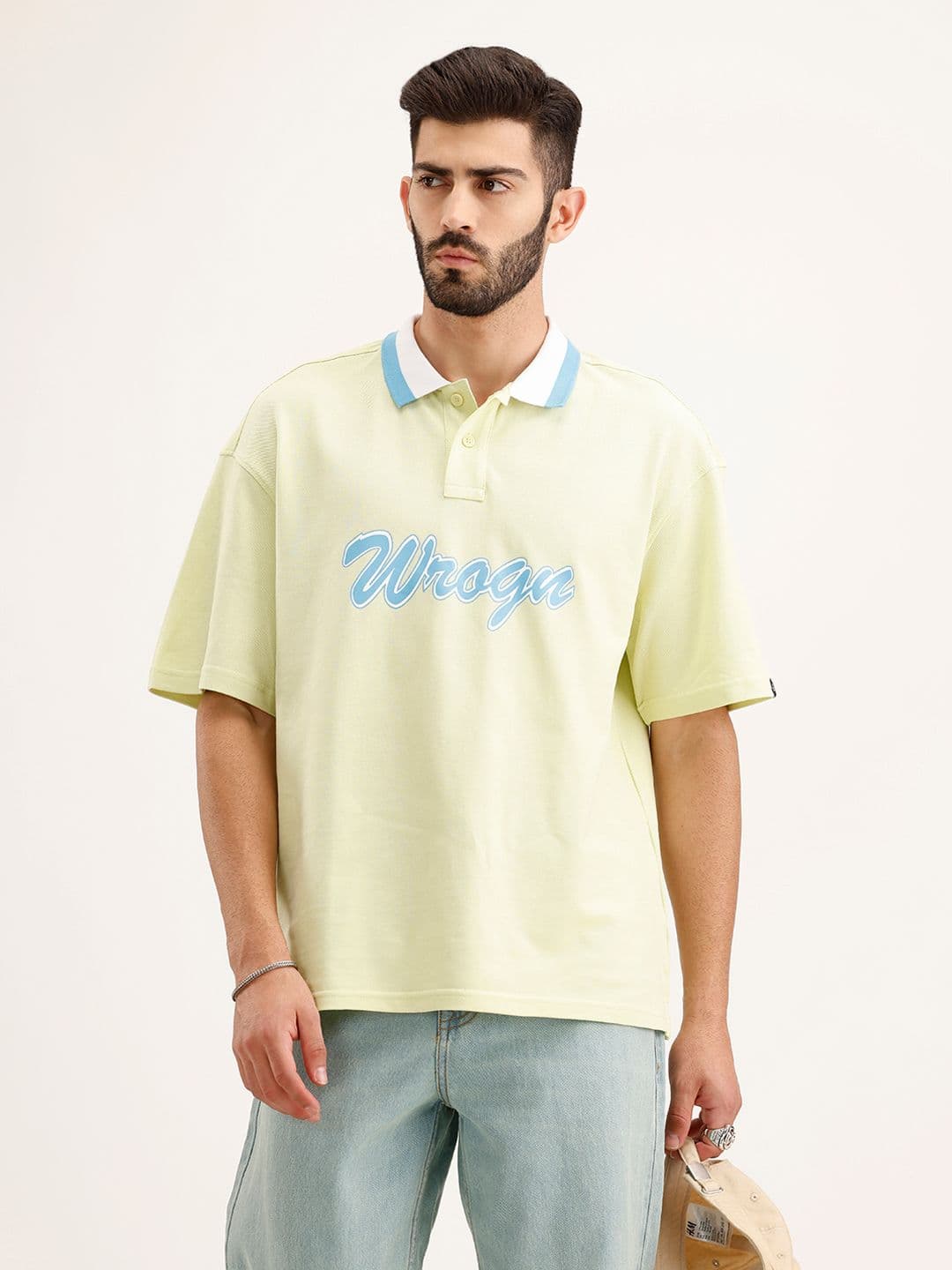 WROGN Brand Logo Printed Polo Collar Drop-Shoulder Sleeves Pure Cotton Oversized T-shirt - view 1