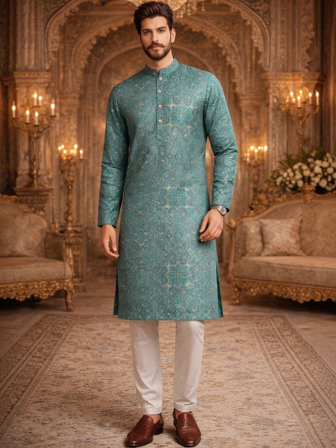 House of Pataudi s Teal Green Subtle Gold Ornatal Printed Straight Kurta - view 1