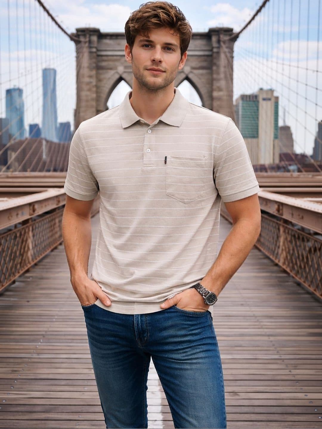 WILD ELEPHANT Men Striped Polo Collar Pockets T-shirt - view 1