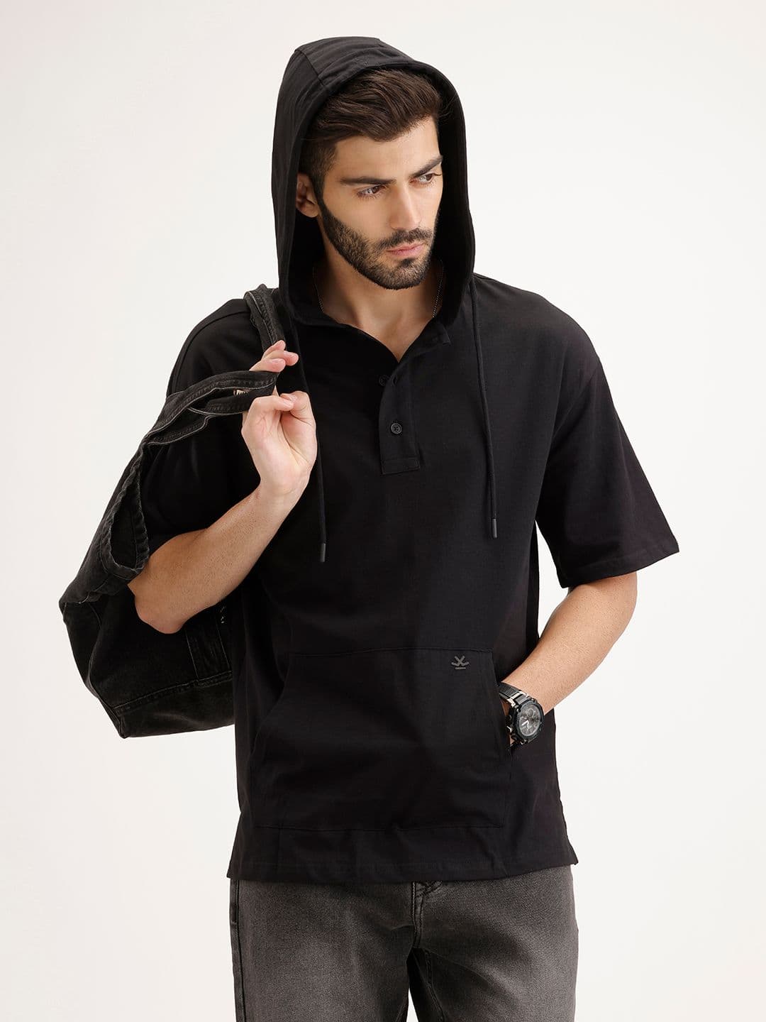 WROGN Pure Cotton Hooded Oversized Pocket T-shirt - view 1