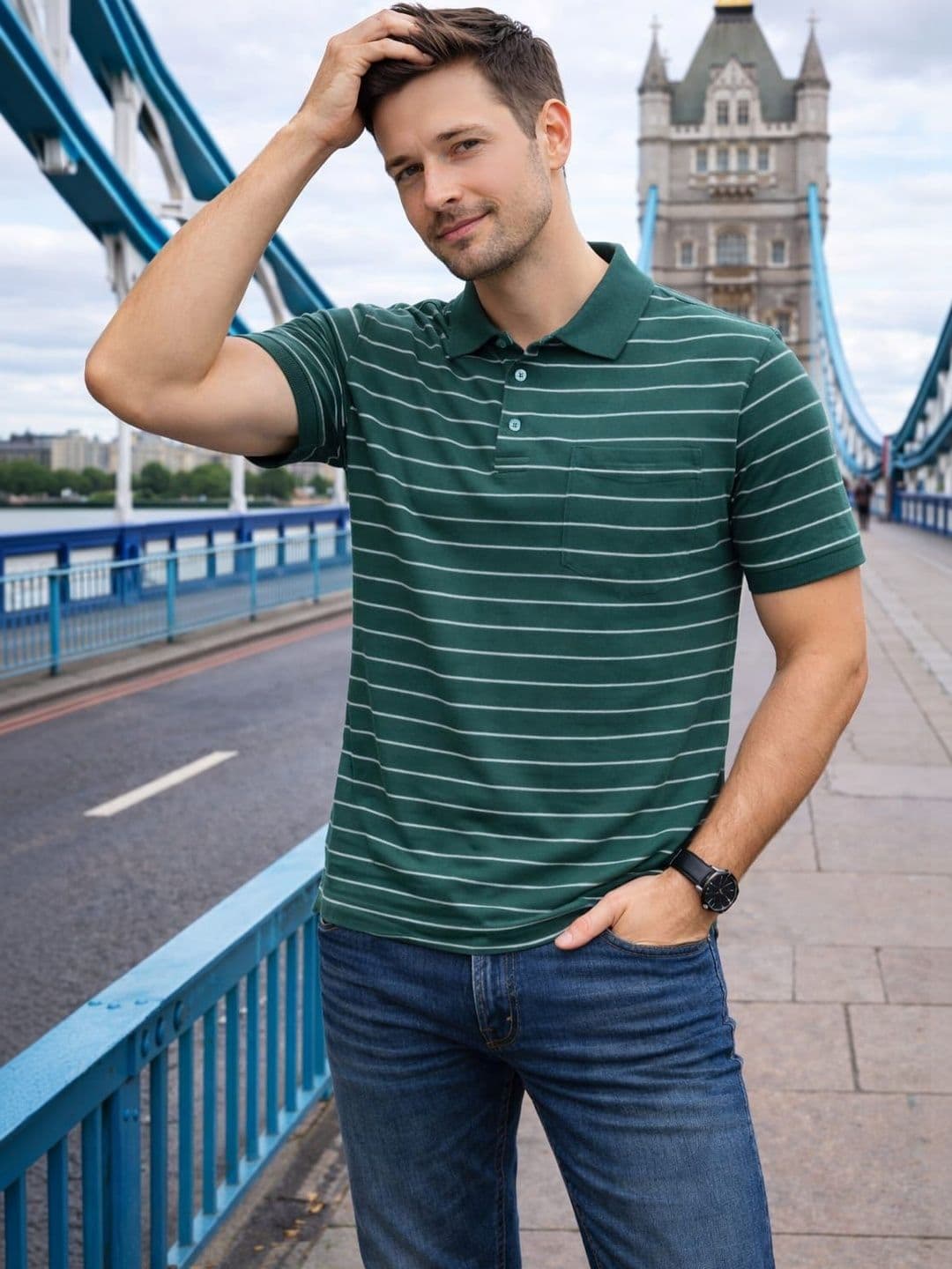 WILD ELEPHANT Men Striped Polo Collar Pockets T-shirt - view 1