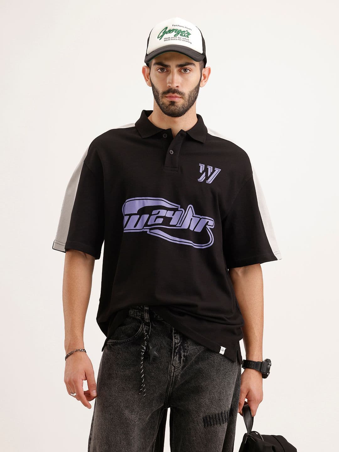 WROGN Typography Printed Pure Cotton Polo Collar Oversized T-shirt - view 1