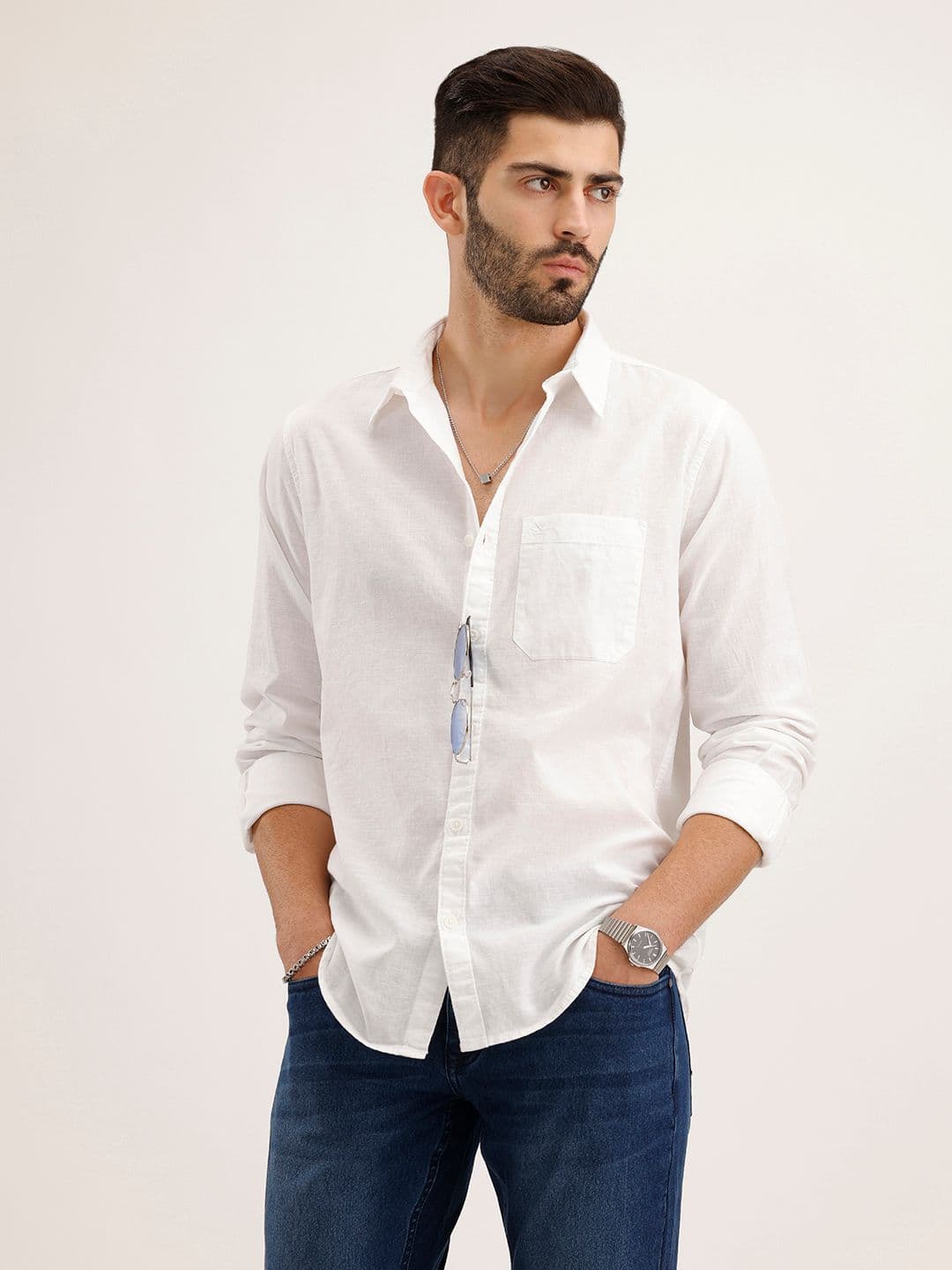 WROGN Men White Slim Fit Cotton Linen Casual Shirt - view 1
