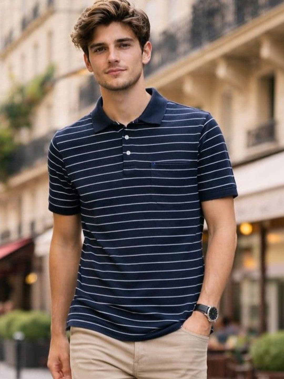 WILD ELEPHANT Men Striped Polo Collar Pockets T-shirt - view 1