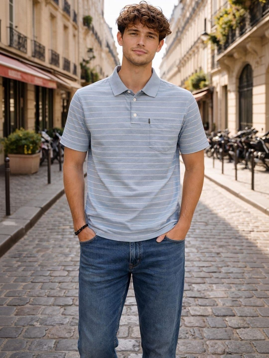 WILD ELEPHANT Men Striped Polo Collar Pockets T-shirt - view 1