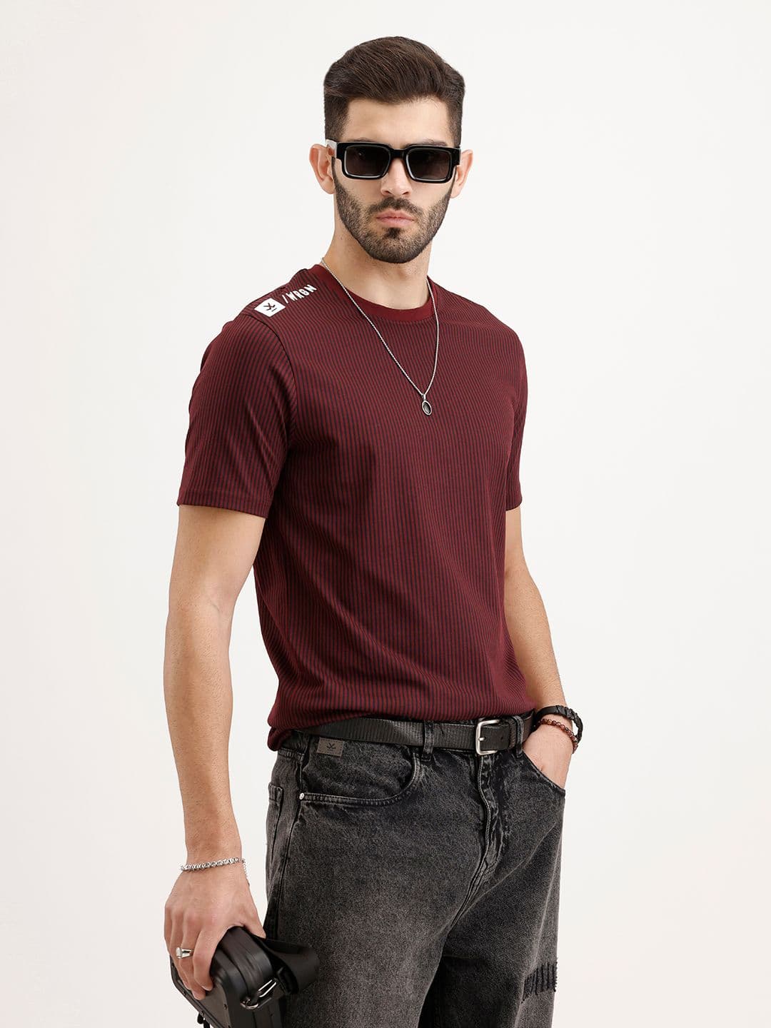 WROGN Men Maroon Black Striped Slim Fit Cotton T-shirt - view 1