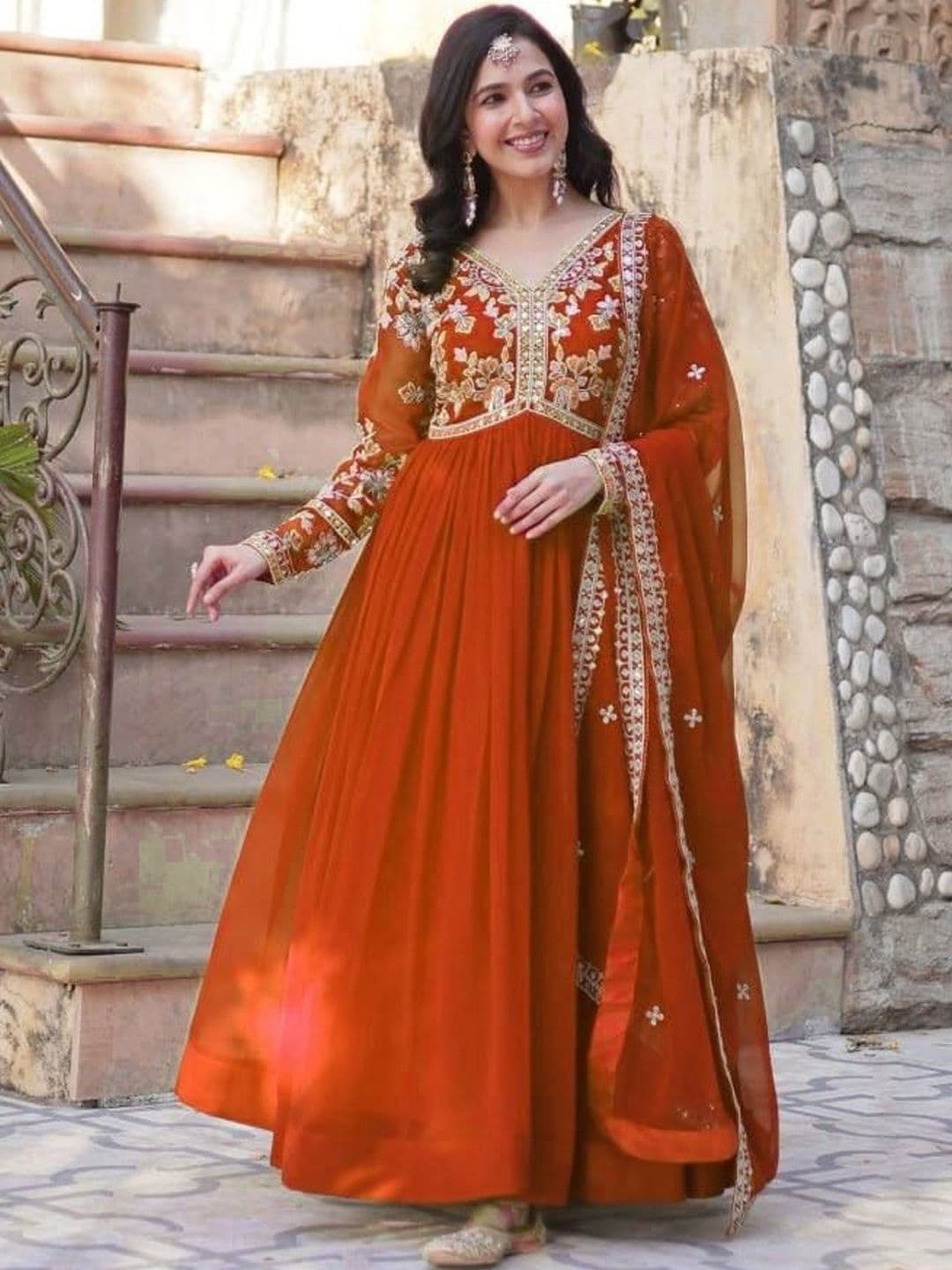 House of Pataudi Embroidered V-Neck Fit and Flare Ethnic Dresses - view 1