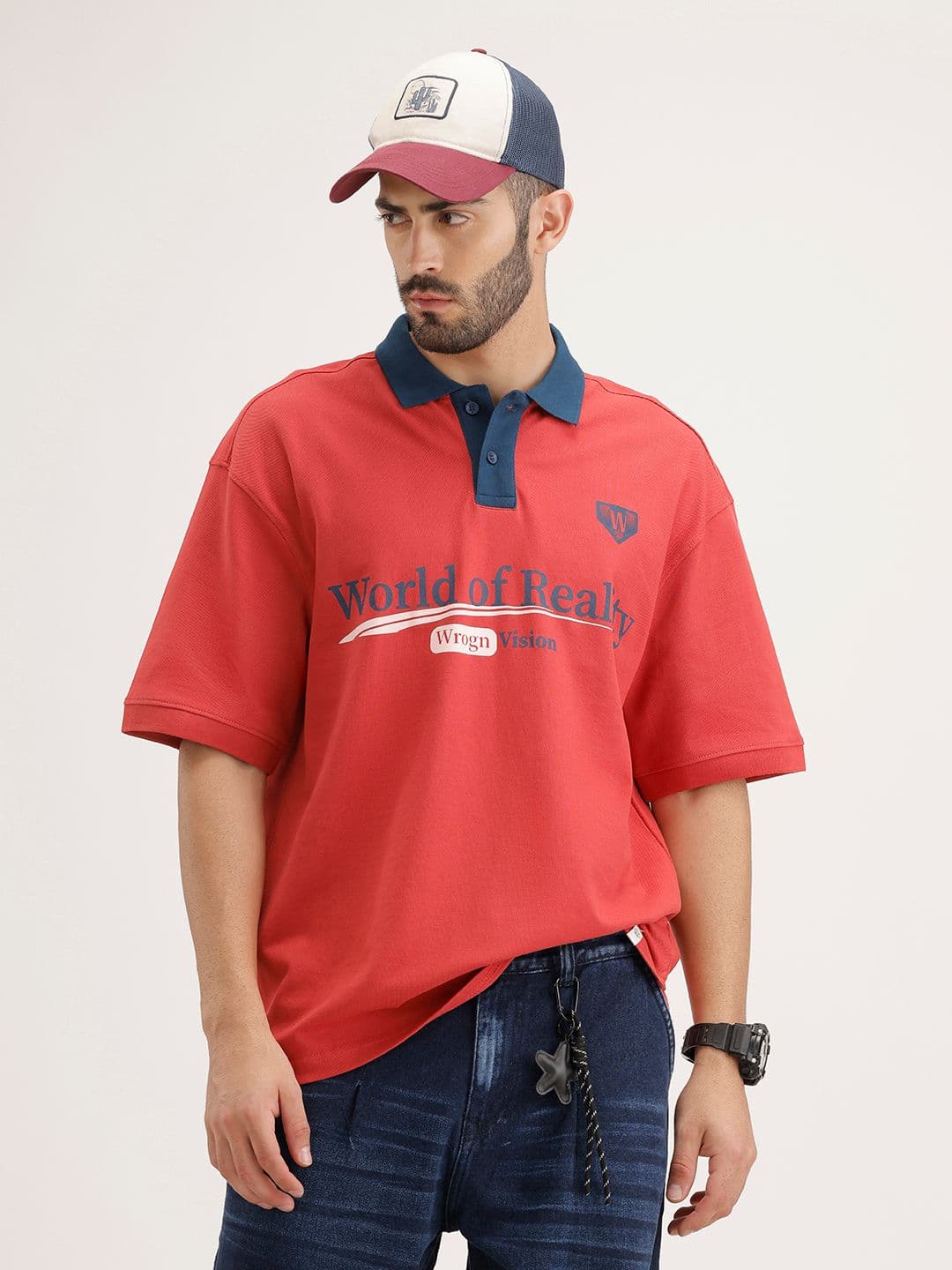 WROGN Typography Printed Polo Collar Drop-Shoulder Sleeves Pure Cotton Oversized T-shirt - view 1
