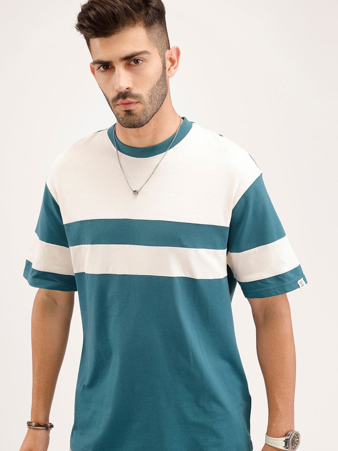 WROGN Striped Drop-Shoulder Sleeves Pure Cotton Oversized T-shirt - view 1