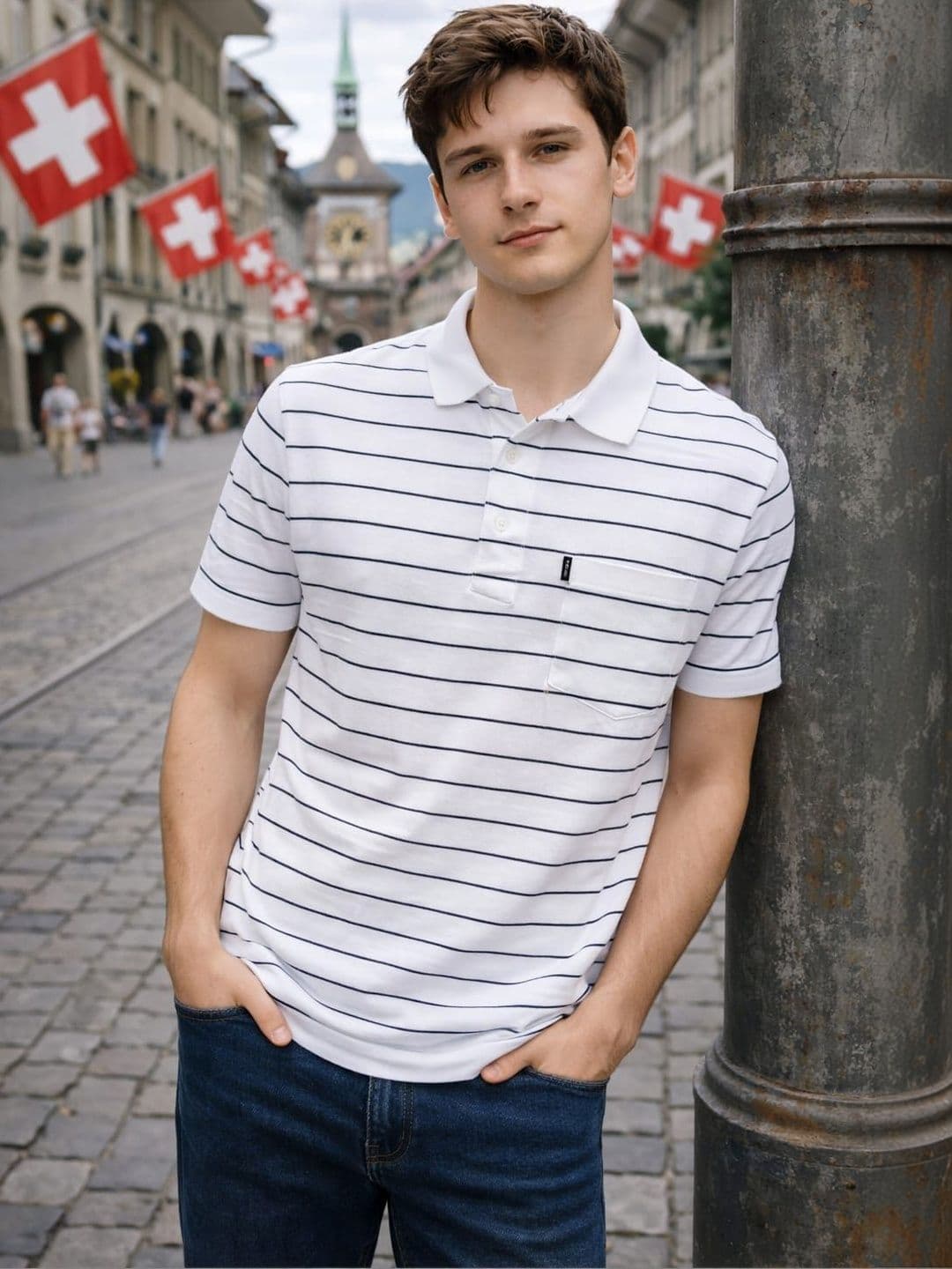 WILD ELEPHANT Men Striped Polo Collar Pockets T-shirt - view 1