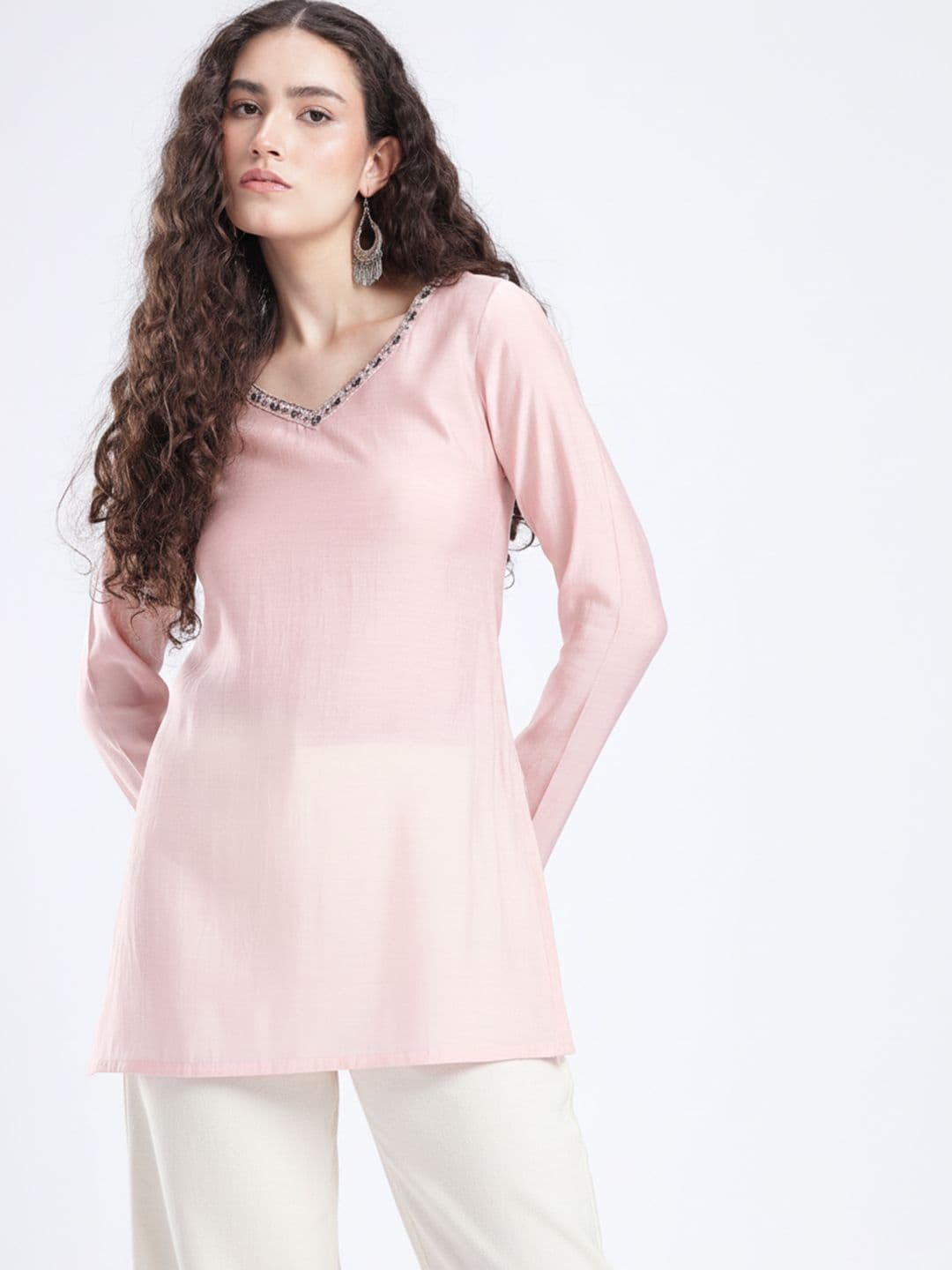 fusion by glitchez V-Neck Thread Work Straight Kurti - view 1