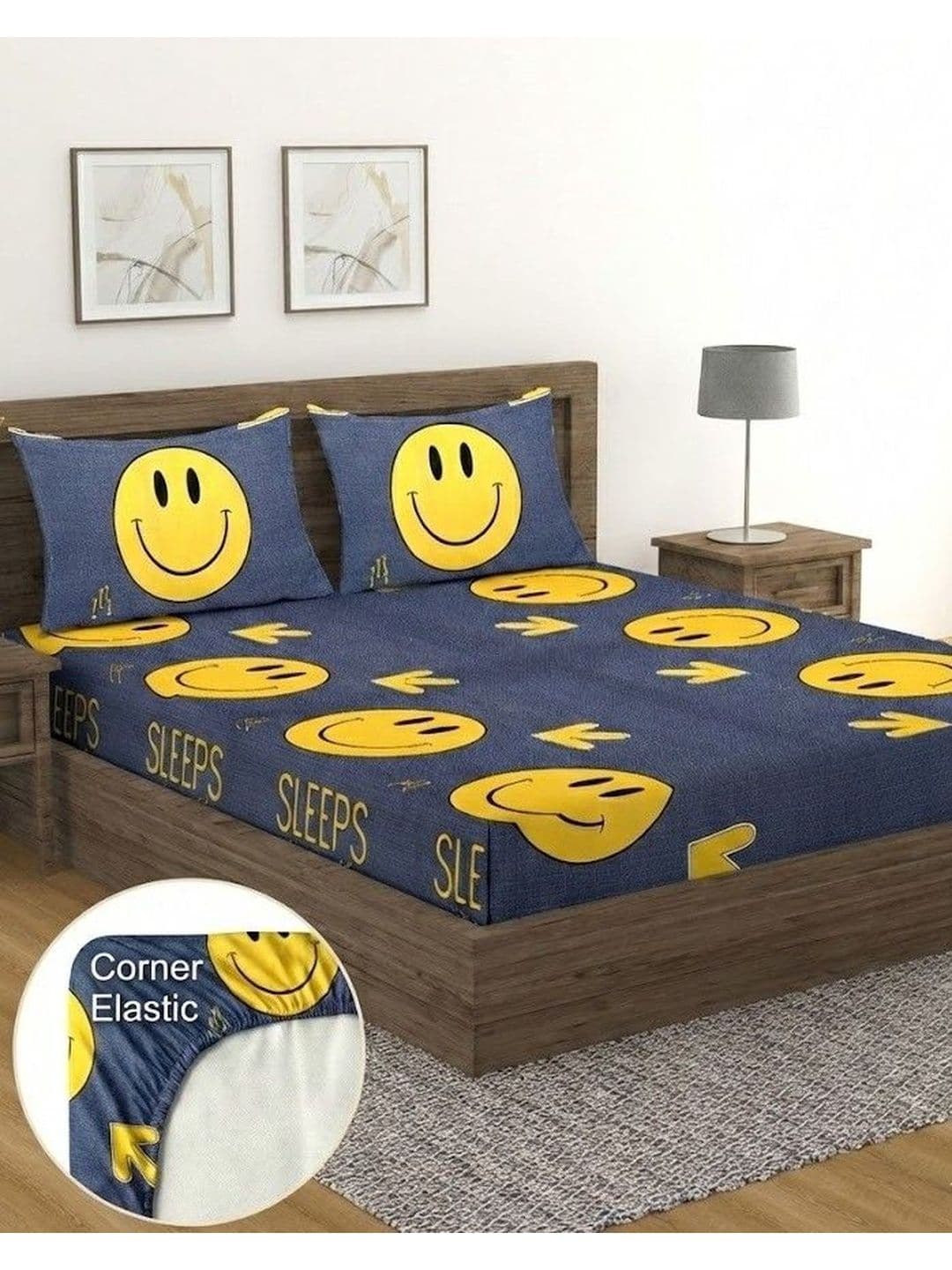 Fashion String Navy Blue Conversational 144 TC Bedsheet with 2 Pillow Covers - view 1