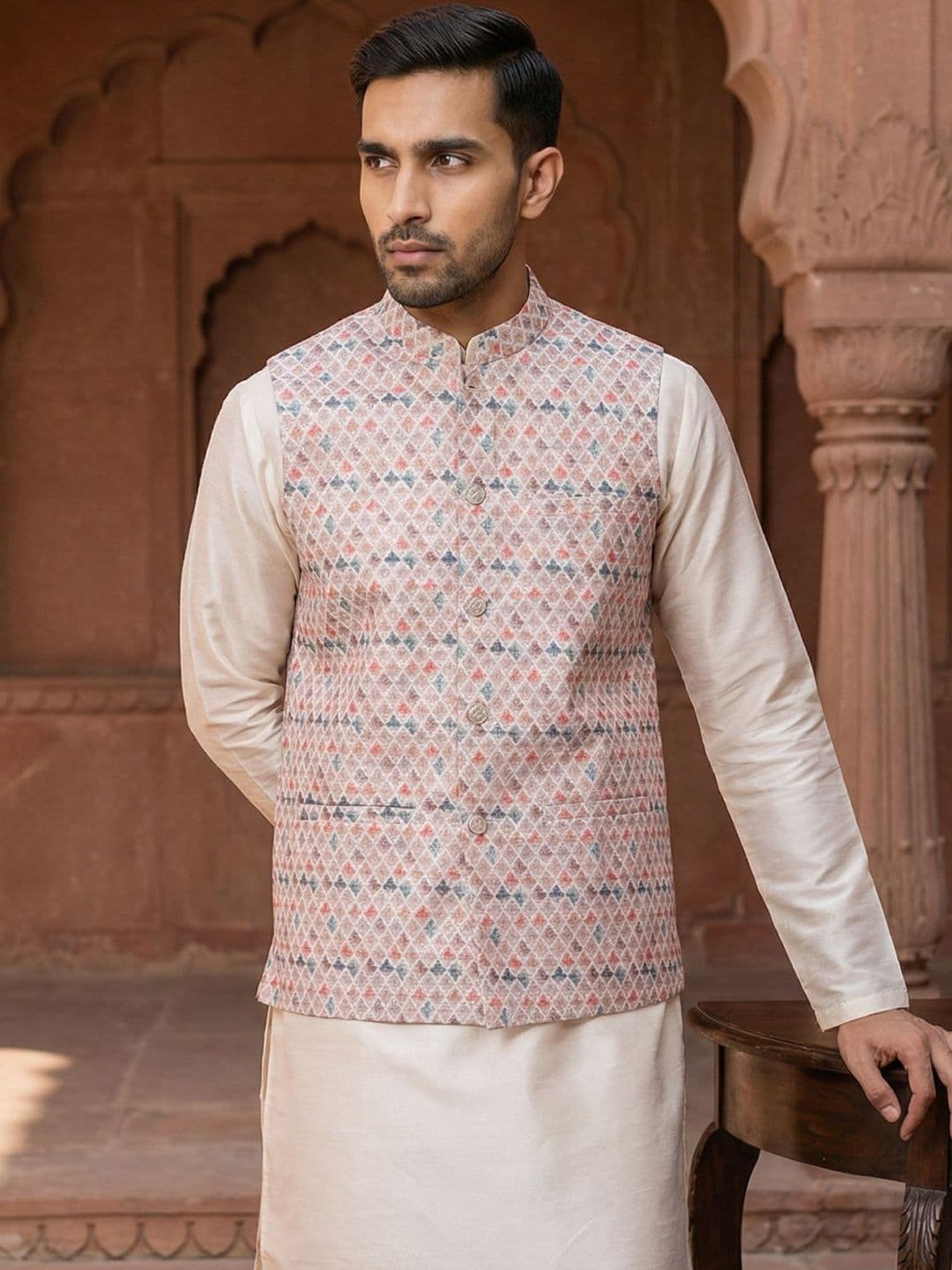 Jompers Printed Mandarin Collared Nehru Jackets - view 1