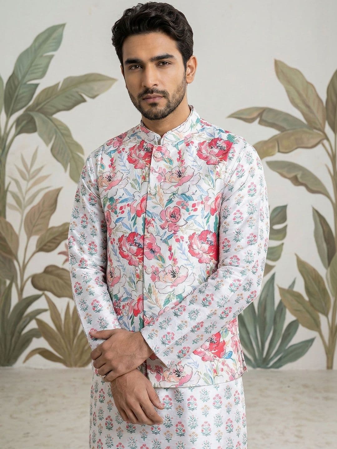 Jompers Printed Mandarin Collared Nehru Jackets - view 1