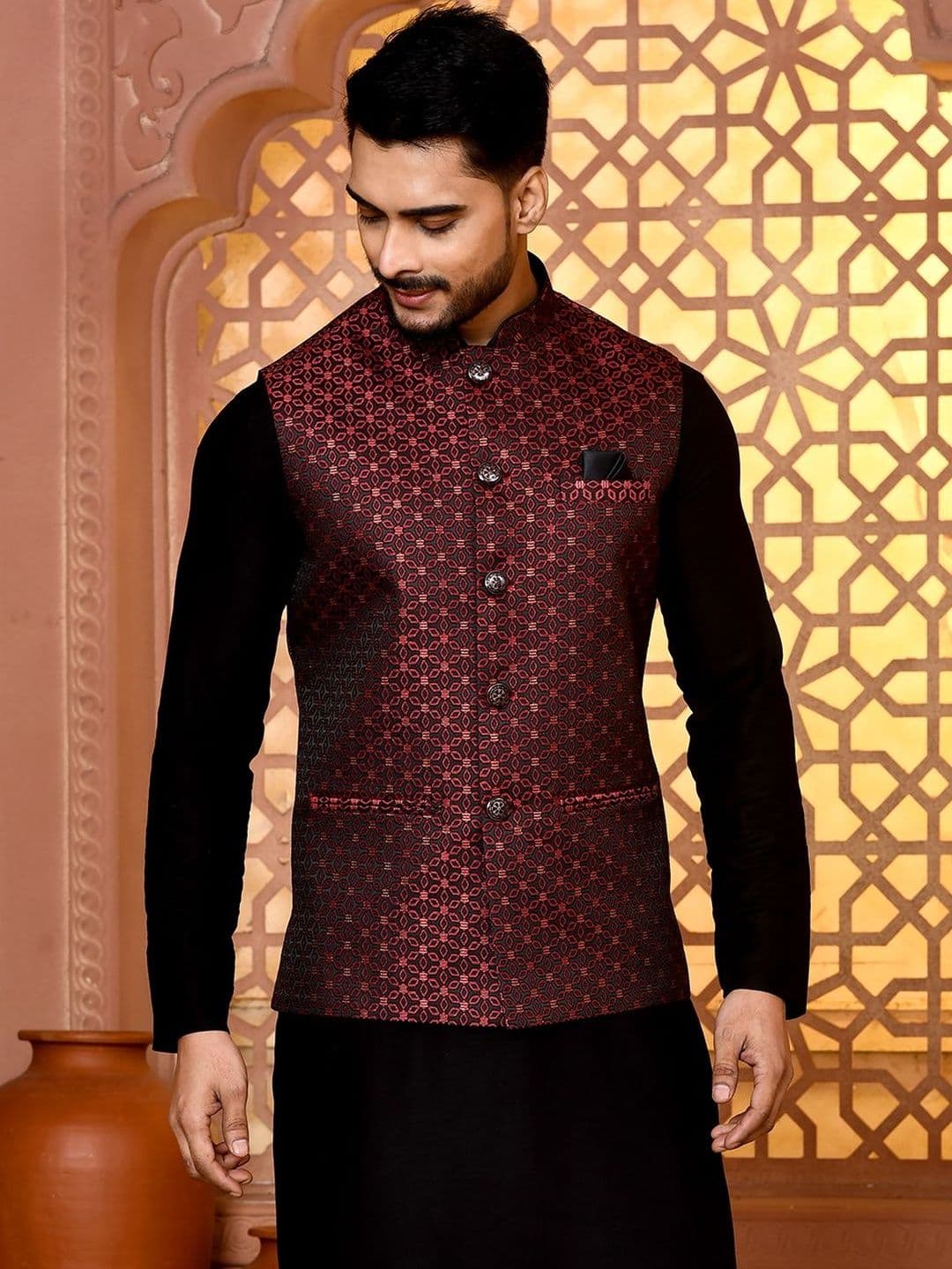 TRENDS OF ETHNIC Men Woven Design Classy Fit Jacquard Nehru Jacket - view 1