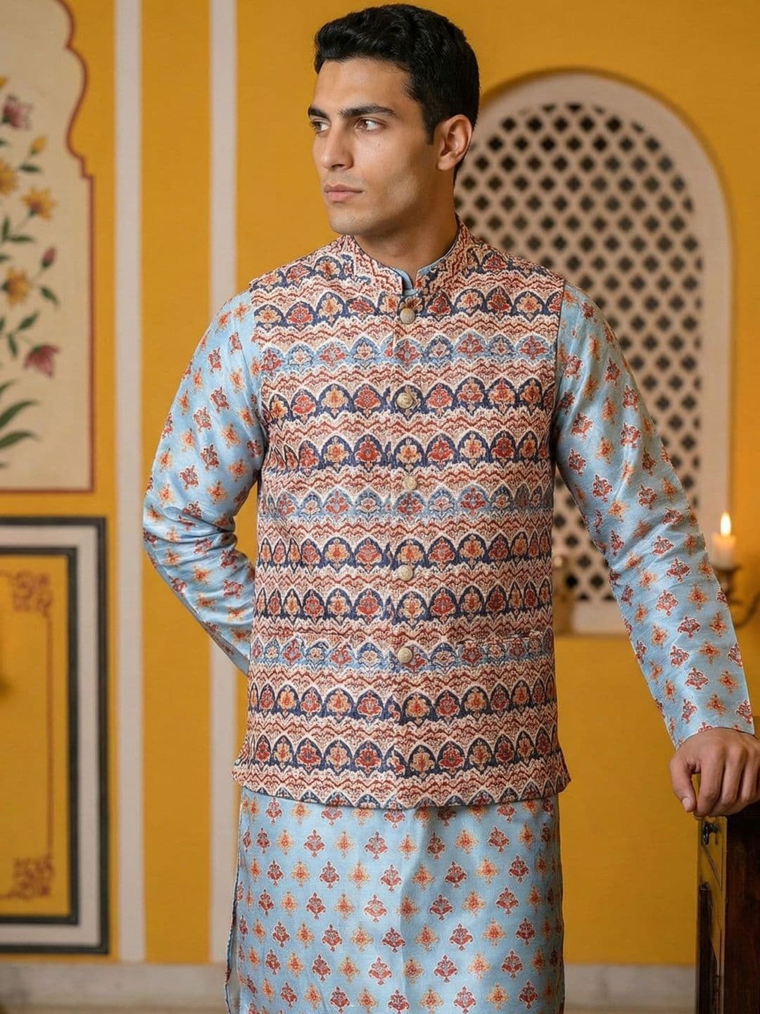 Jompers Printed Mandarin Collared Nehru Jackets - view 1
