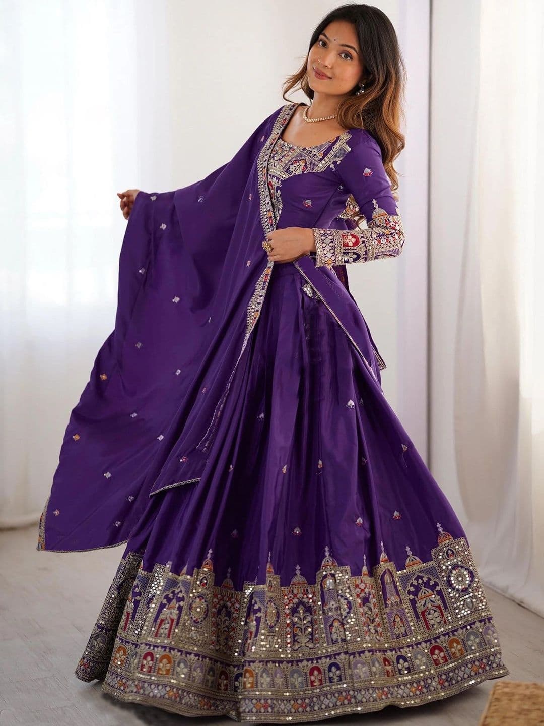 SIDDESHWARY FAB Embroidered Mirror Work Semi-Stitched Lehenga & Blouse With Dupatta - view 1