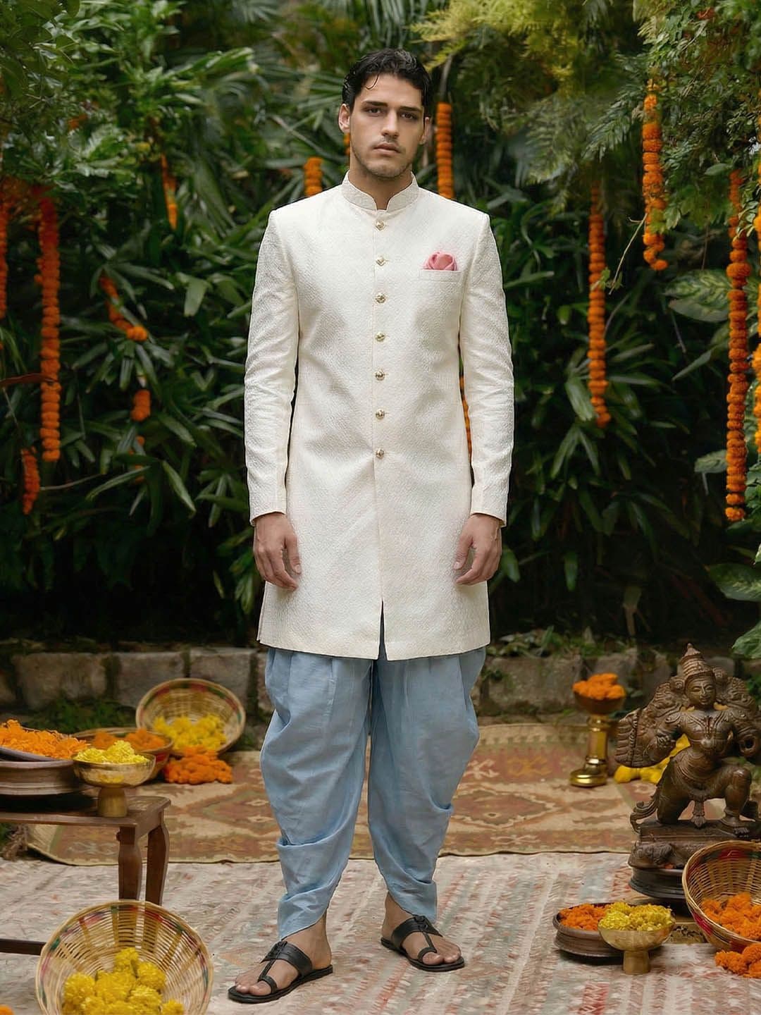KISAH Men Self-Design Silk Indowestern Sherwani with Dhoti Pants - view 1