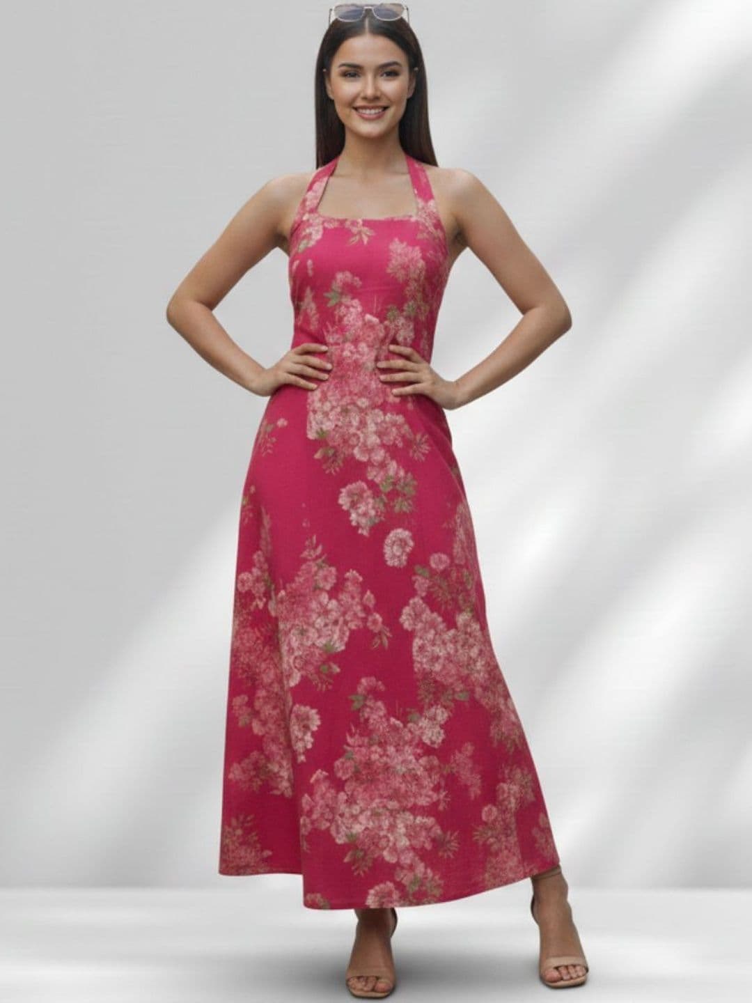 Varanga Floral Print Halter Neck Sheath Maxi Dress - view 1