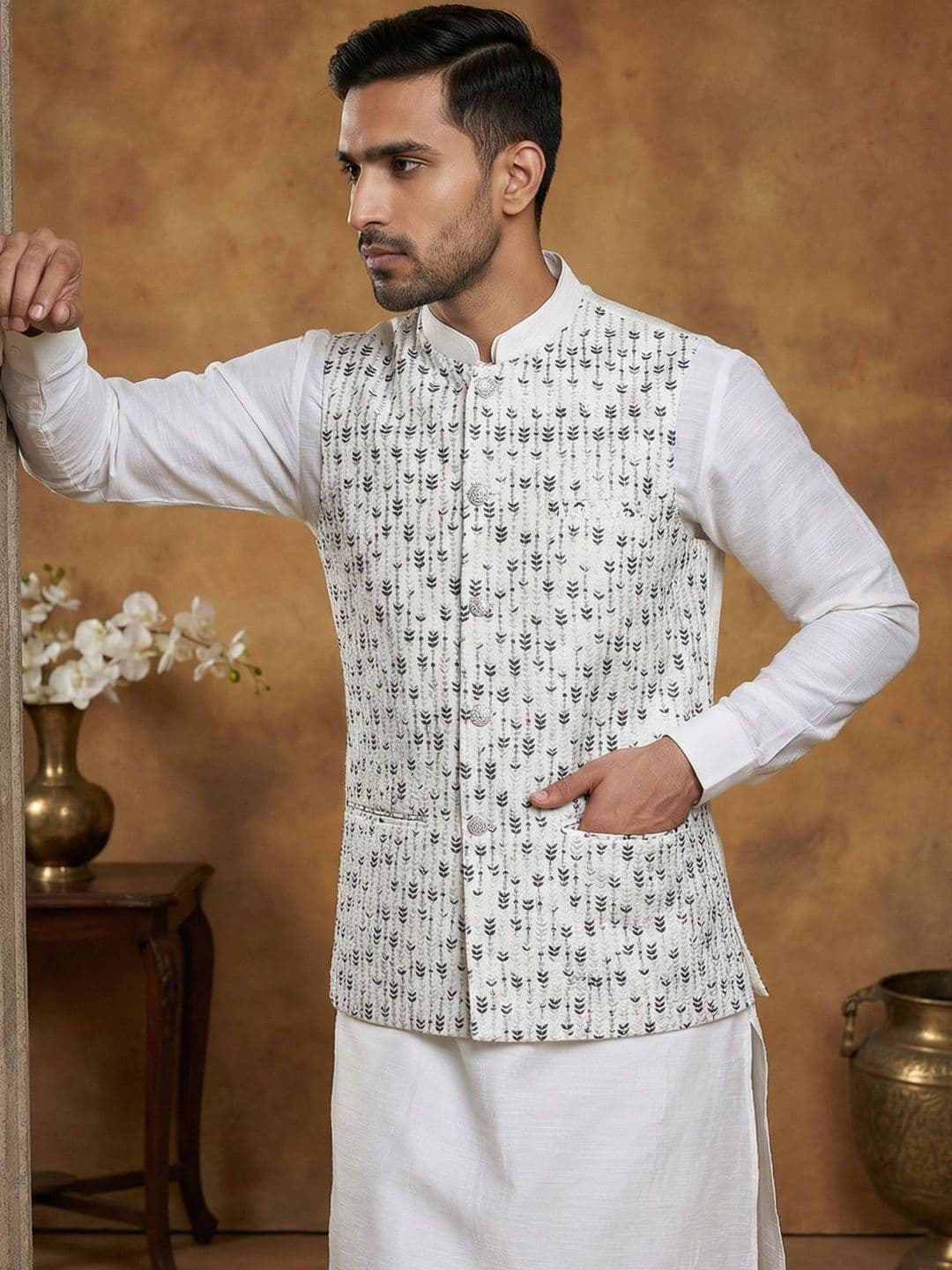 Jompers Embroidered Mandarin Collared Nehru Jackets - view 1