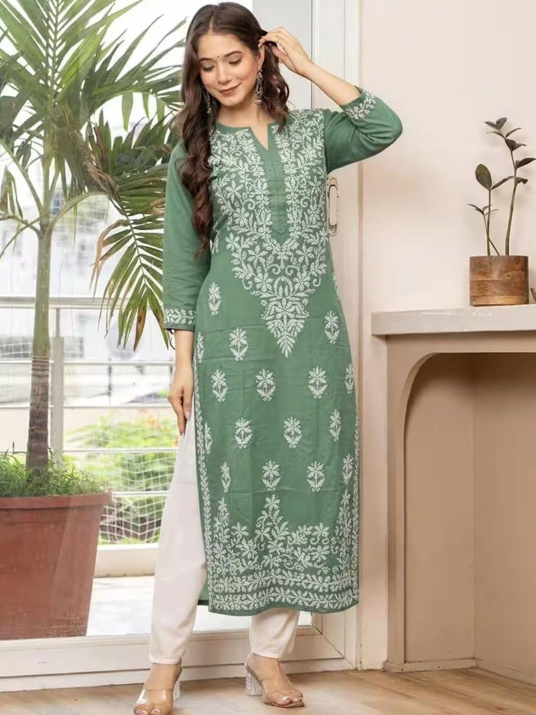 JBTEX Floral Embroidered V-Neck Chikankari Chikankari Kurti - view 1