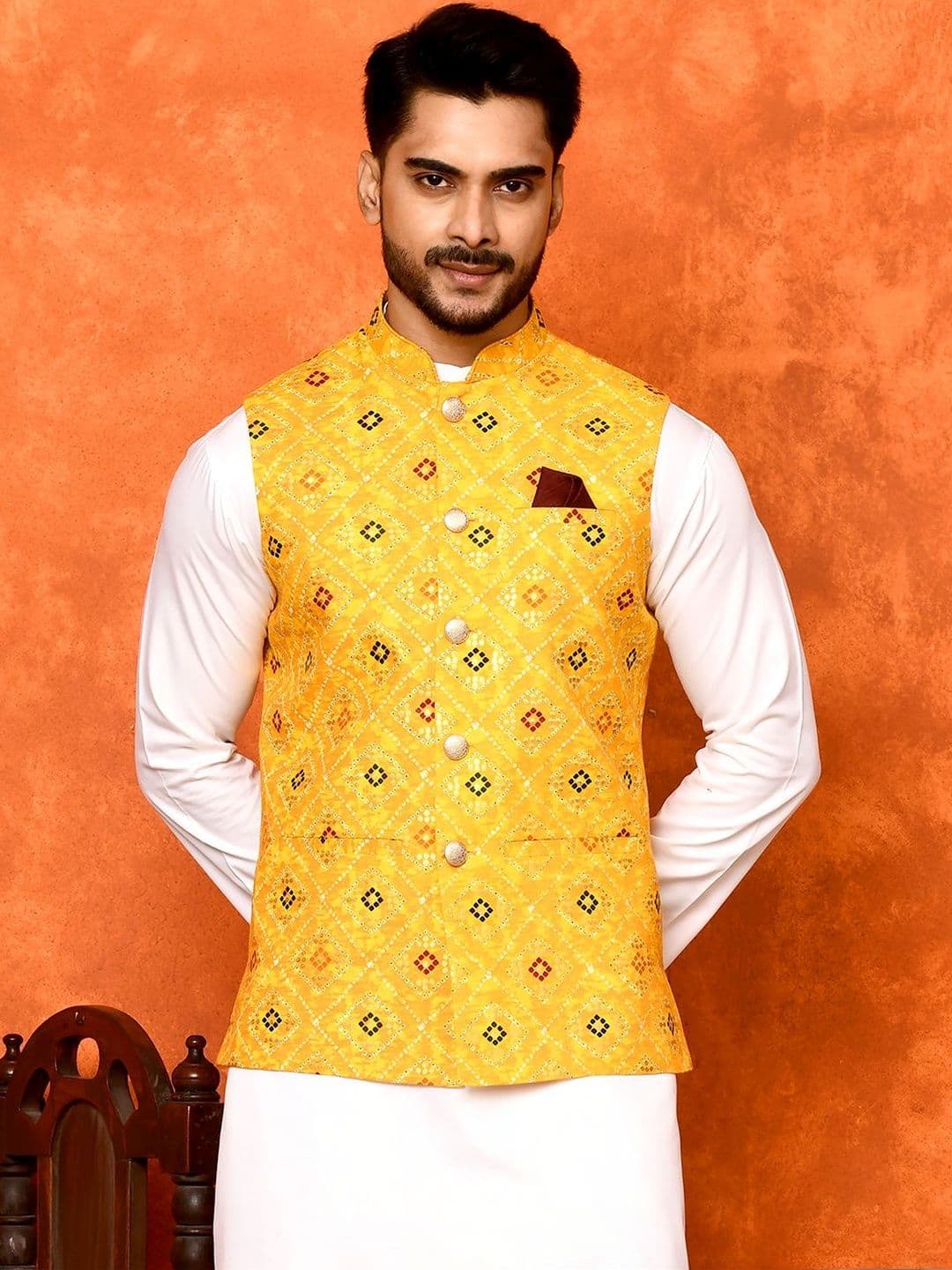 TRENDS OF ETHNIC Men Rangoli Printed Mustard Yellow Classy Fit Nehru Jacket - view 1
