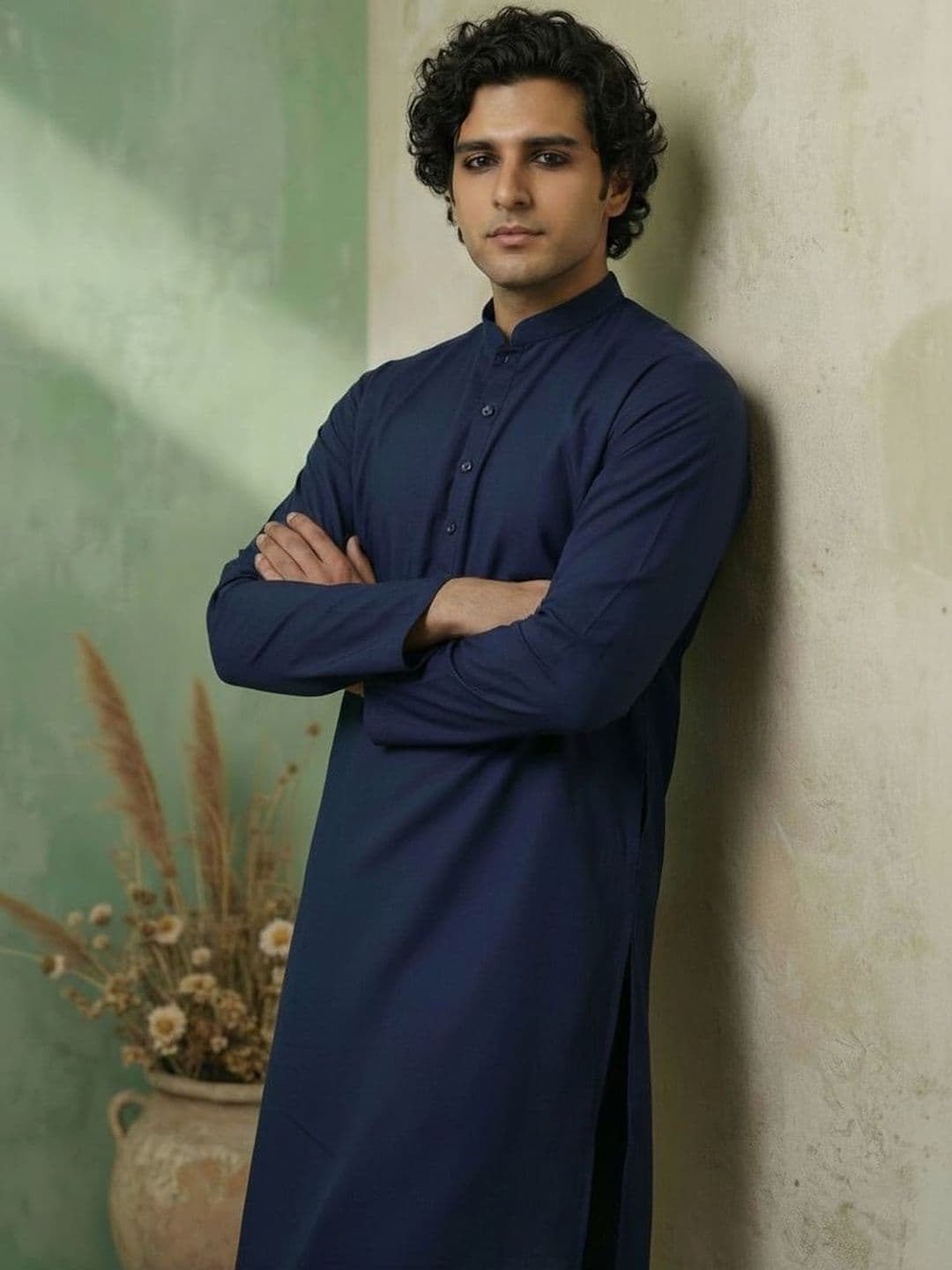 KISAH Men Navy Blue Mandarin Collar Solid Kurta - view 1
