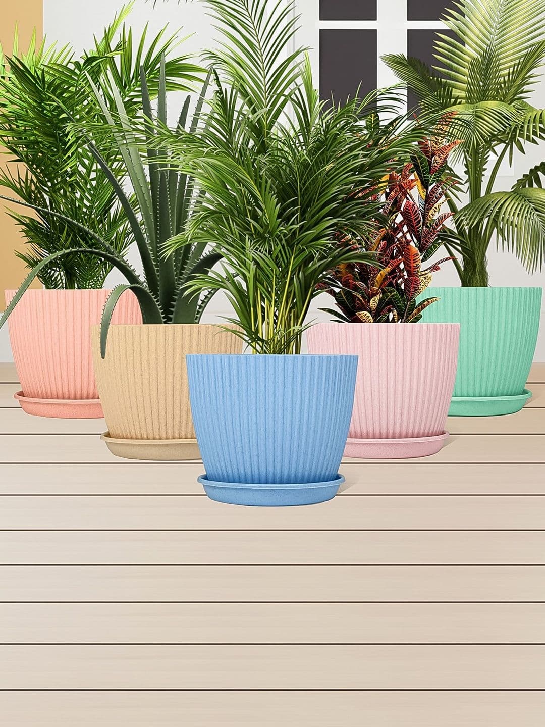 DeoDap 5Pcs Blue & Pink Textured Round Planters With Tray - view 1