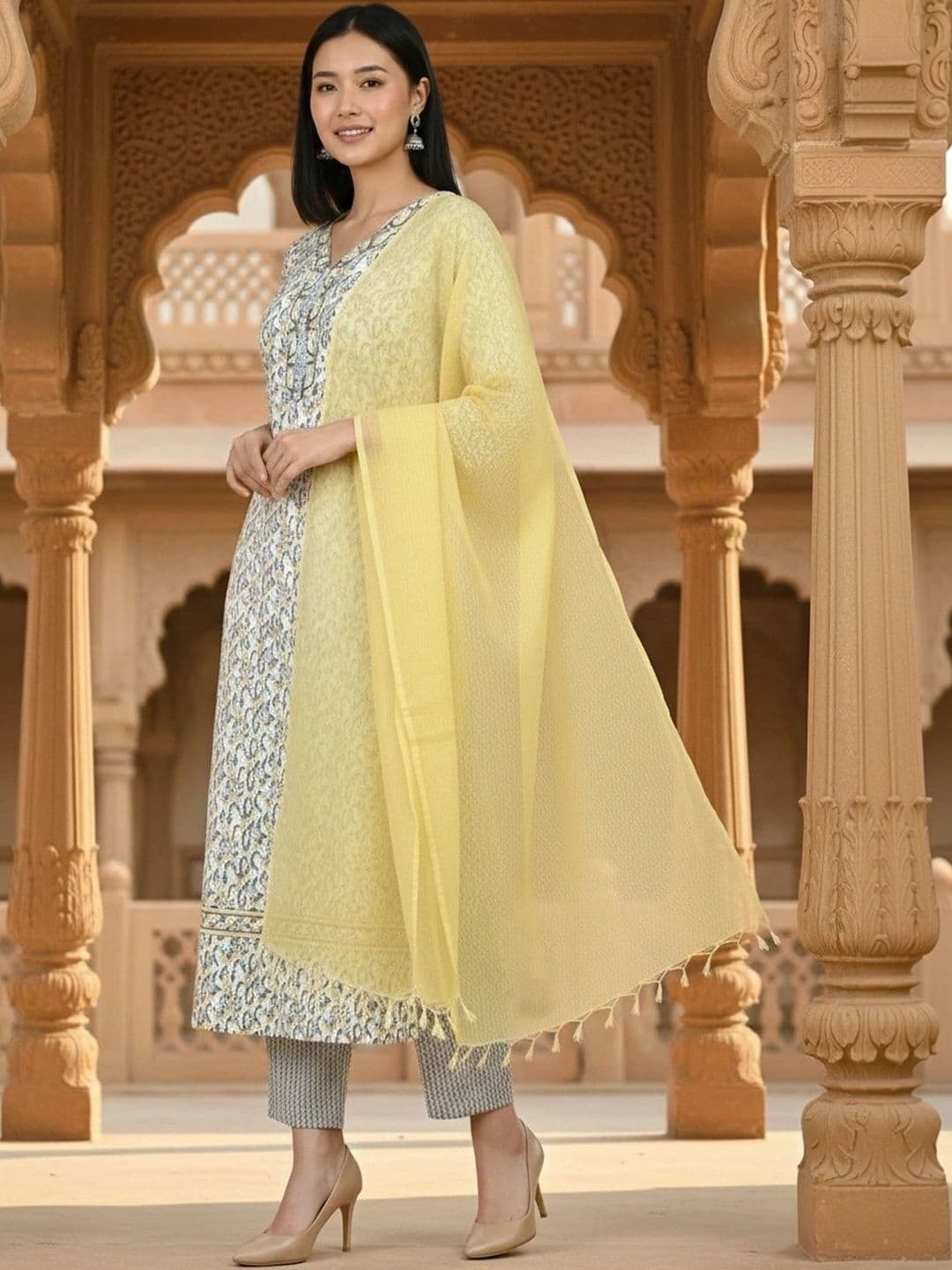 arangya Women Ethnic Motifs Printed Regular Thread Work Kurta with Trousers & With Dupatta - view 1