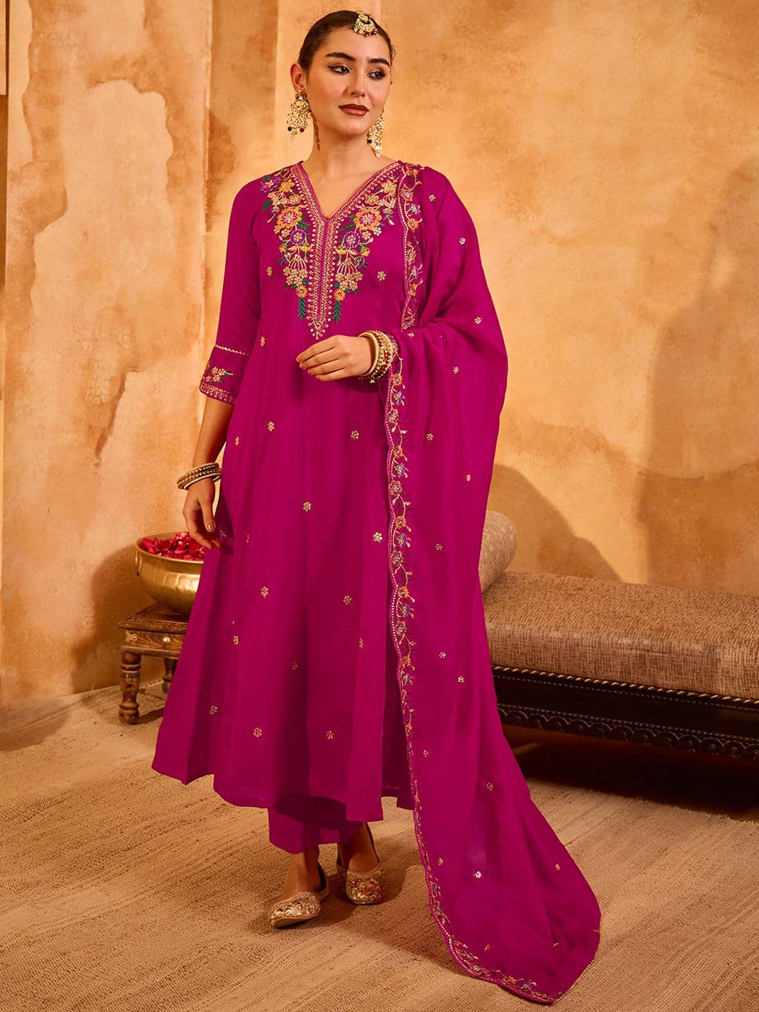 KALINI Women Floral Embroidered Regular Thread Work Kurta with Trousers & With Dupatta - view 1