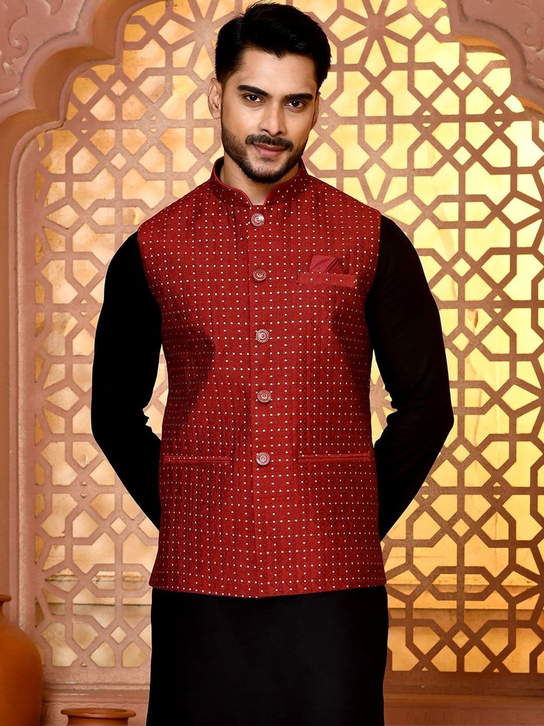 TRENDS OF ETHNIC Men Woven Design Classy Fit Jacquard Nehru Jacket - view 1
