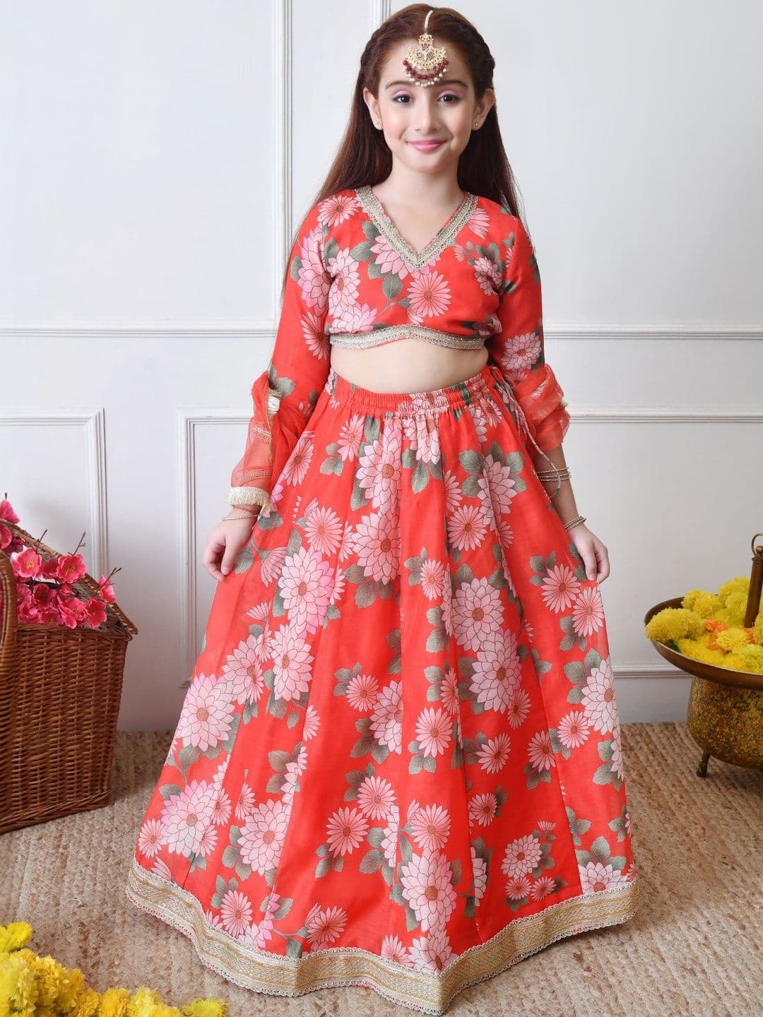 House of Pataudi Girls Printed V Neck Flared Lehenga Choli with Dupatta - view 1