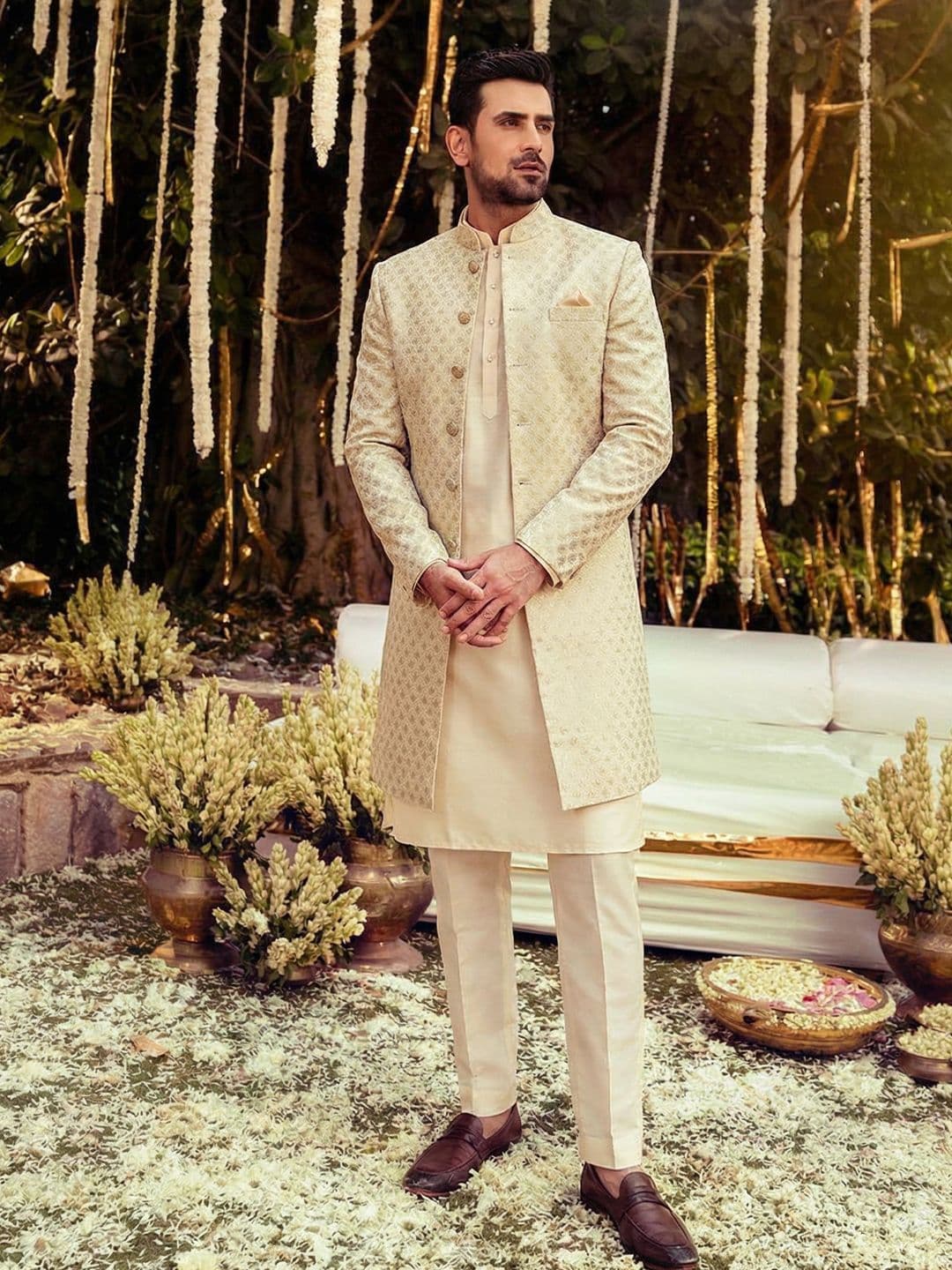 KISAH Men Green Jacquard Kurta Indowestern Sherwani Trouser Set - view 1
