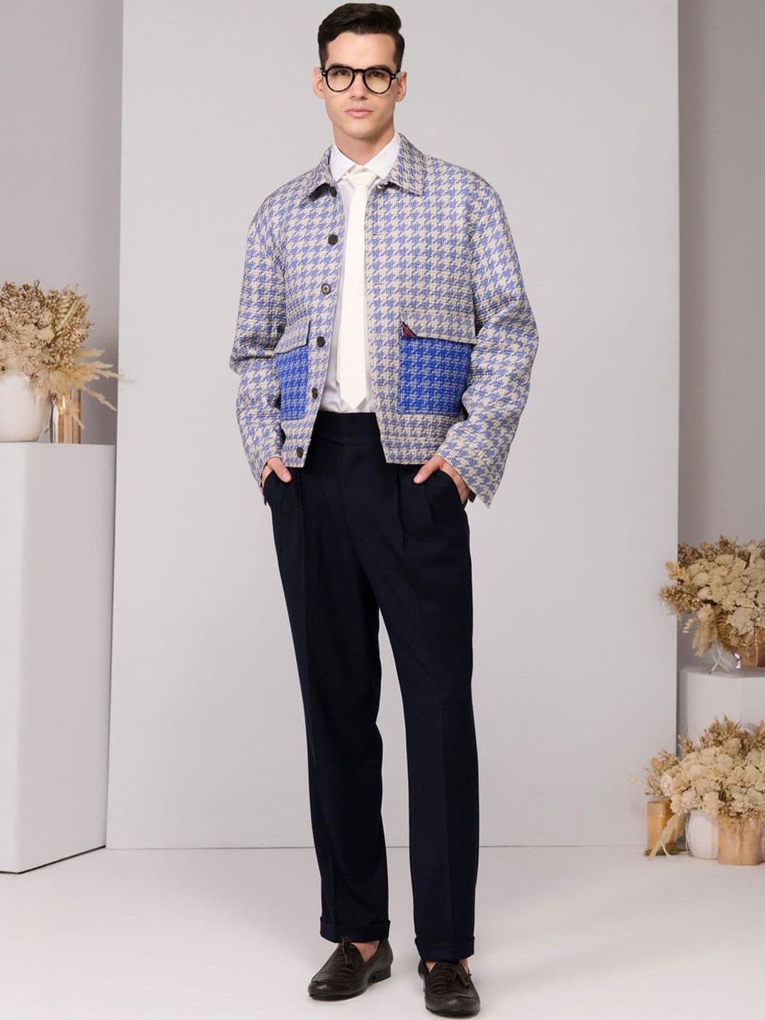 S&N by Shantnu Nikhil Men Houndstooth Checked Woven with Patchwork Jacket - view 1