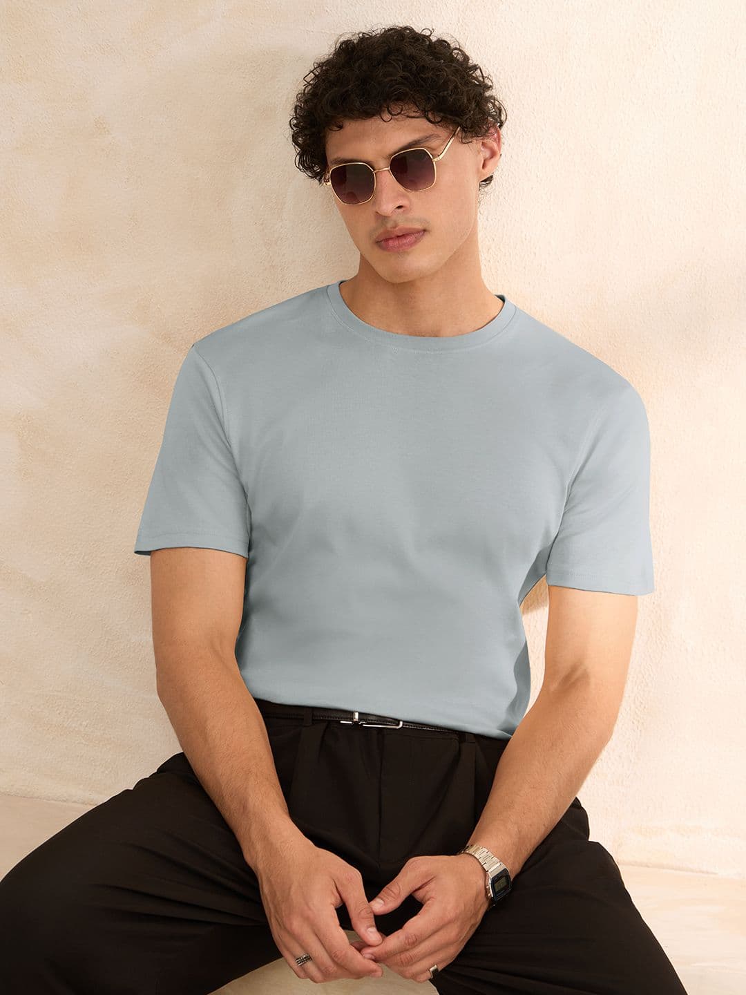 The Souled Store Men Regular Fit Solid Steel Supima T-Shirts - view 1