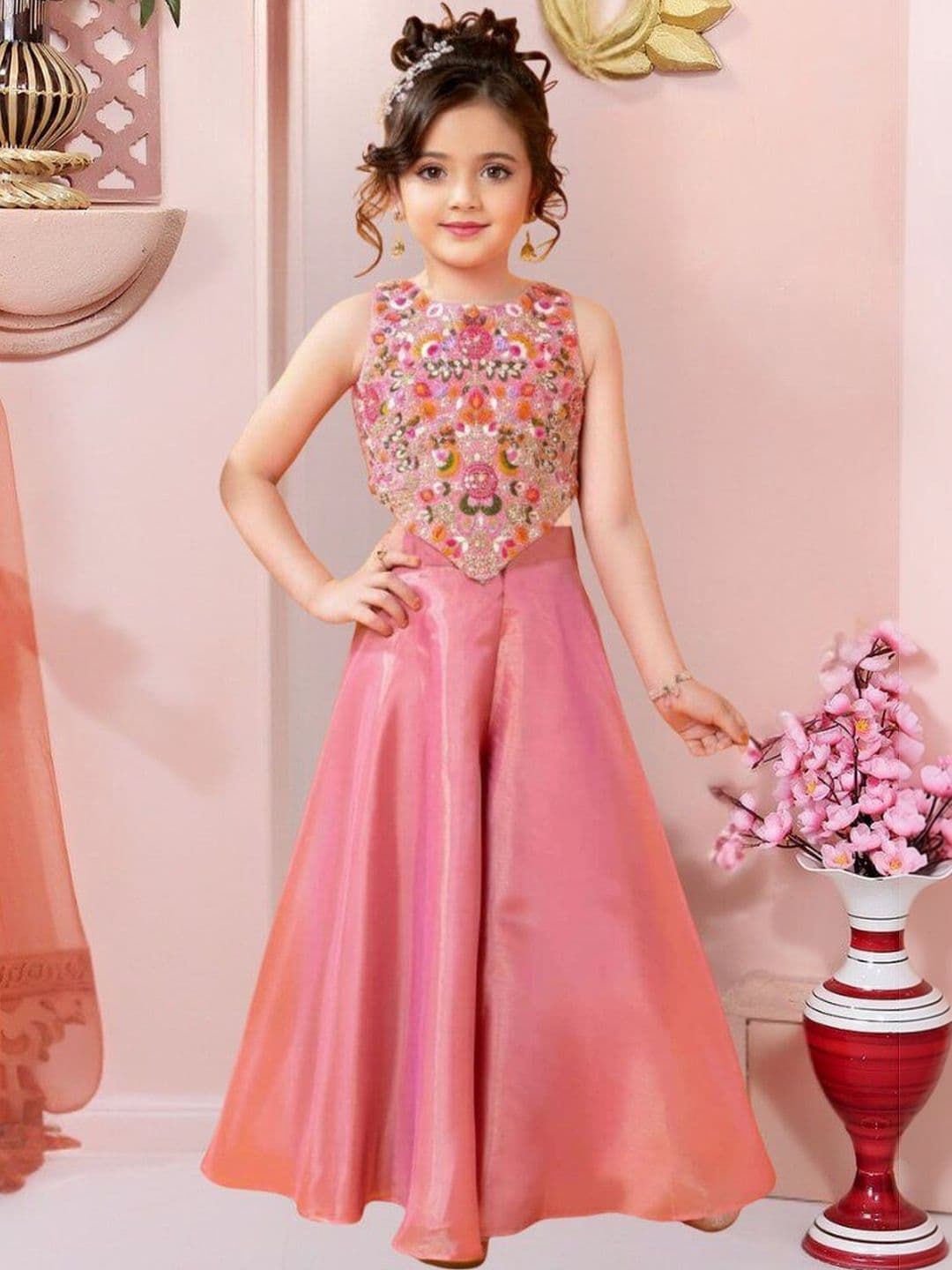 UFB Girls Floral Embroidered Regular Thread Work Kurti with Palazzos - view 1