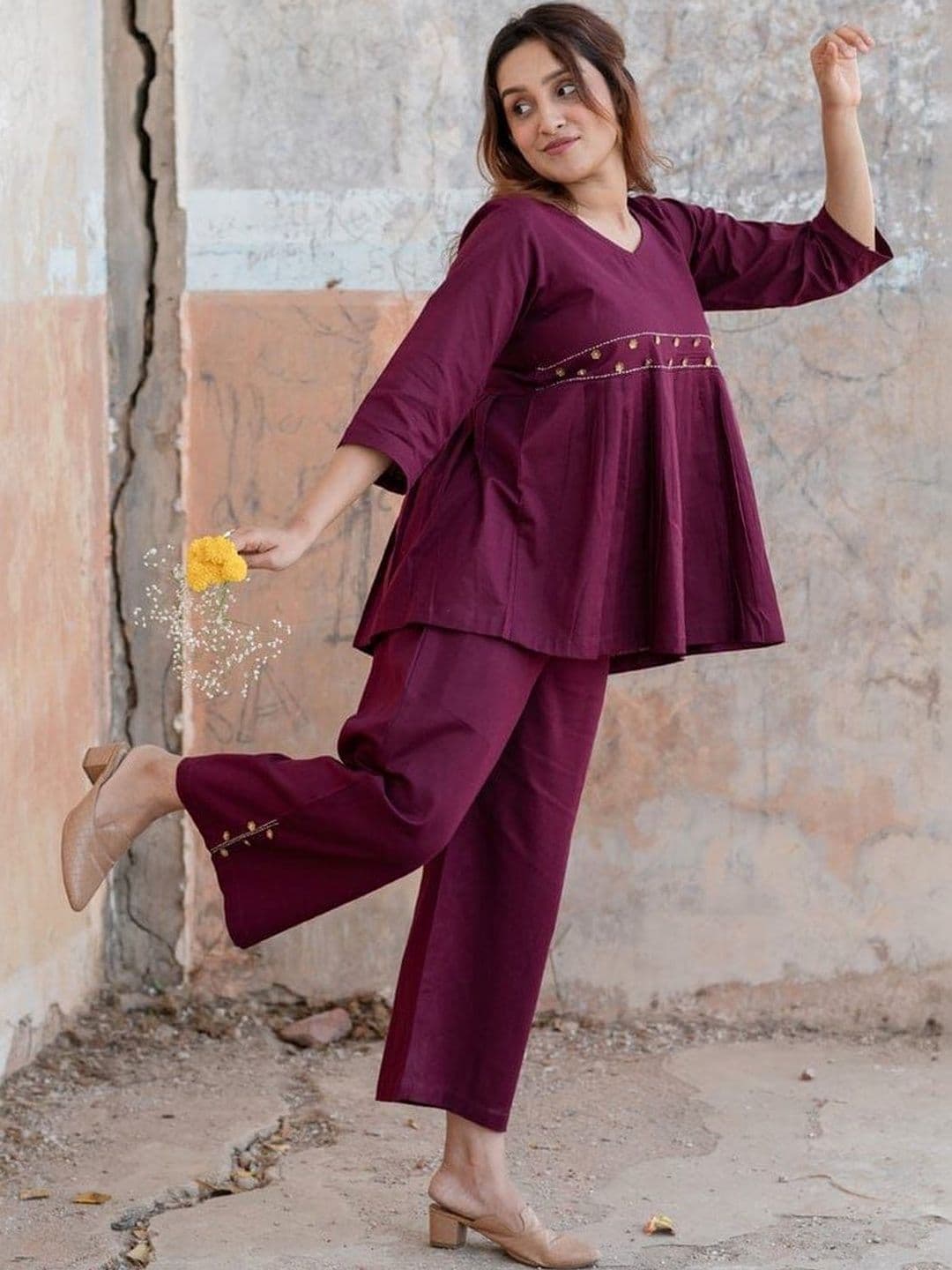 NAMA'S Cotton Embellished Top with Trousers - view 1